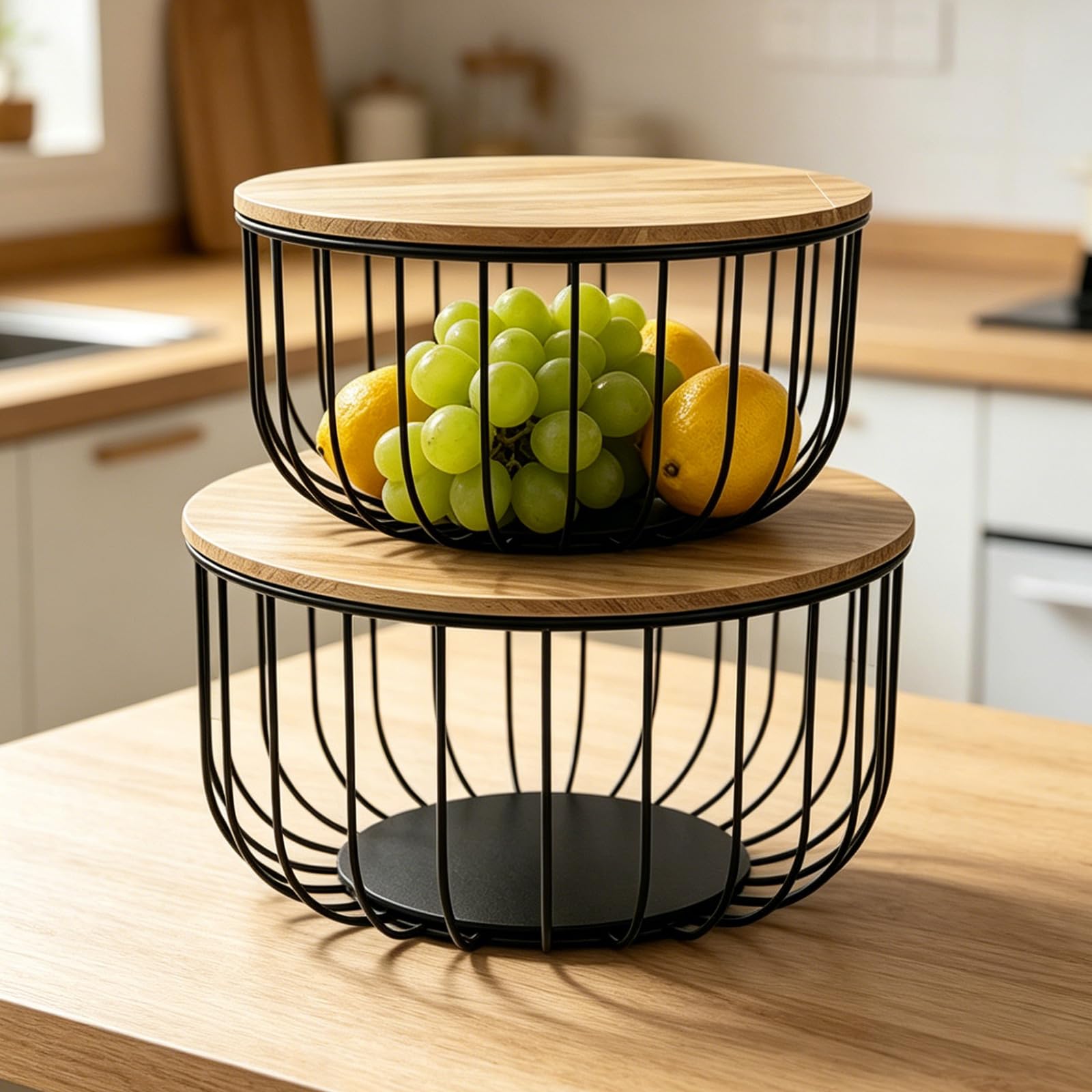 Set cesto di frutta con coperchi in legno