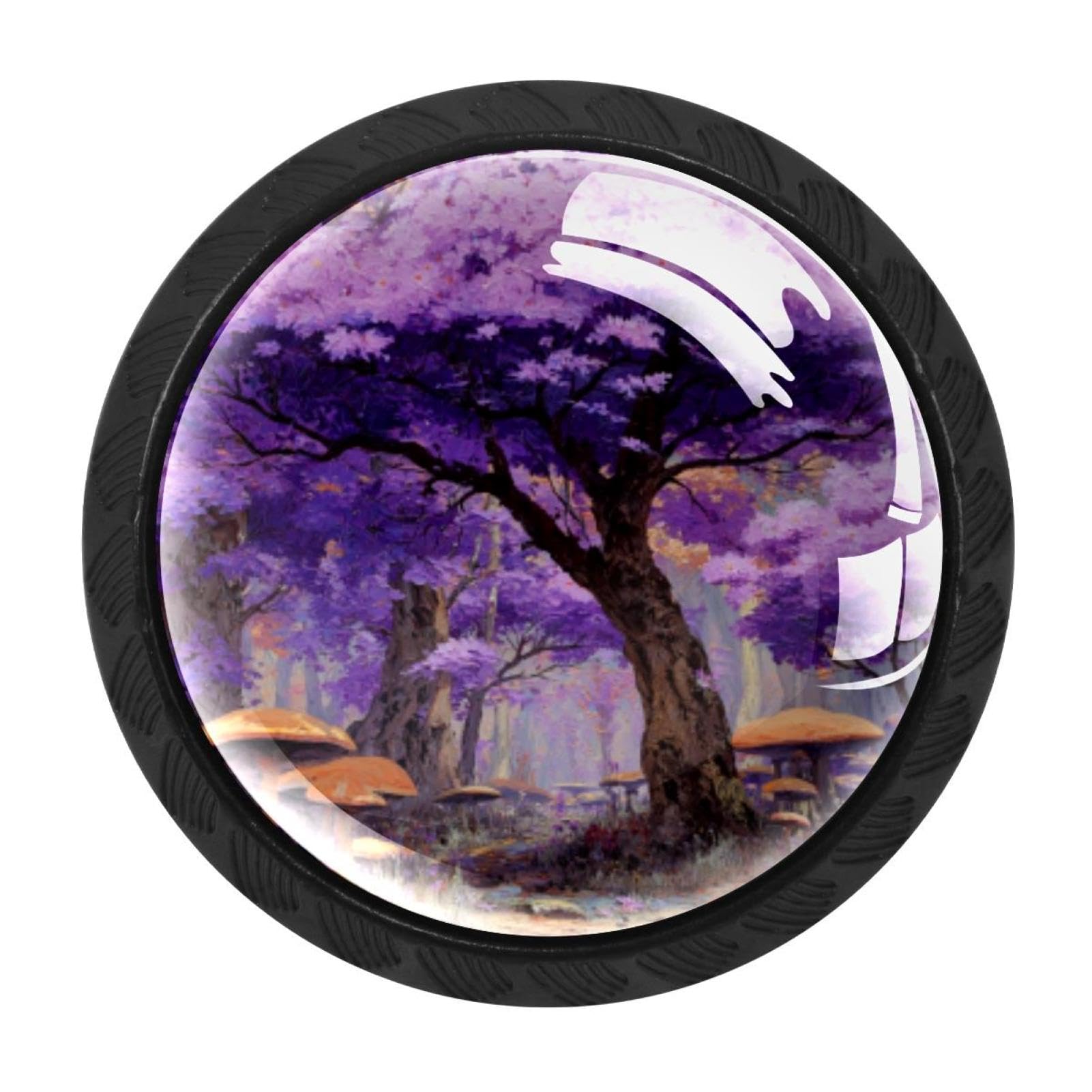 CHENZZZZ 4 Pack Black Cabinet Pulls Purple Flowers Trees and Mushrooms (1) Kitchen Cabinet Handles for Bathroom Drawer Pulls Dresser Knobs
