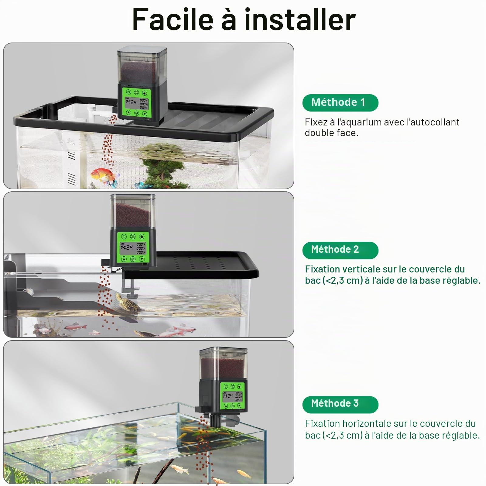 Lychee Distributeur automatique de nourriture pour poissons rechargeable USB 320 ml grande capacité écran LCD résistant à l'humidité minuterie électrique