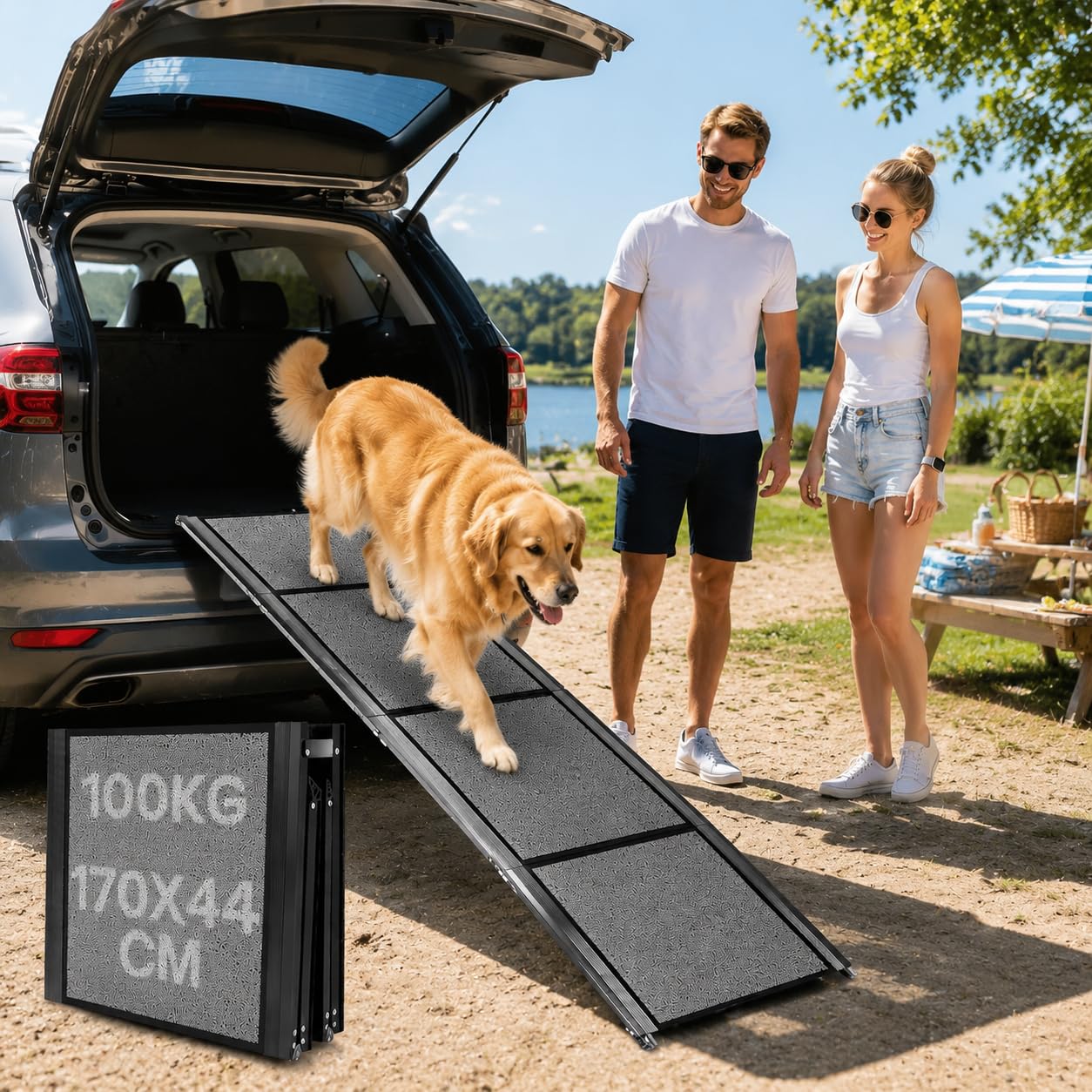 Rampe de voiture pliable pour chien - 170 x 44 cm - Extra large - Pour grands chiens jusqu'à 110 kg - Rampe de coffre de voiture antidérapante - Pour SUV, camion et lit mezzanine - Noir