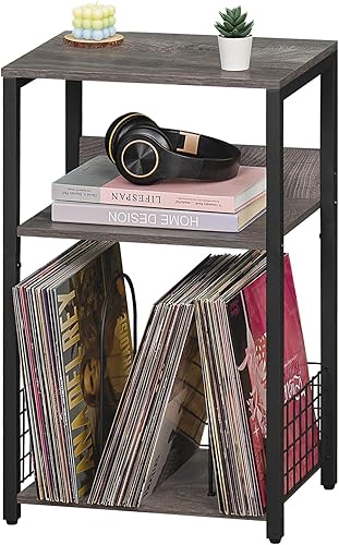 Miniatura 10 de LELELINKY Mesa auxiliar de granja, soporte para tocadiscos de 3 niveles con almacenamiento de hasta 100 álbumes, soporte para tocadiscos, color gris