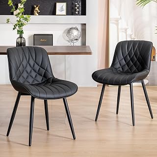 YOUNUOKE Black Dining Chairs Set of 2 - Modern Upholstered PU Leather Kitchen Chairs with 2" Thick Cushion for Comfort