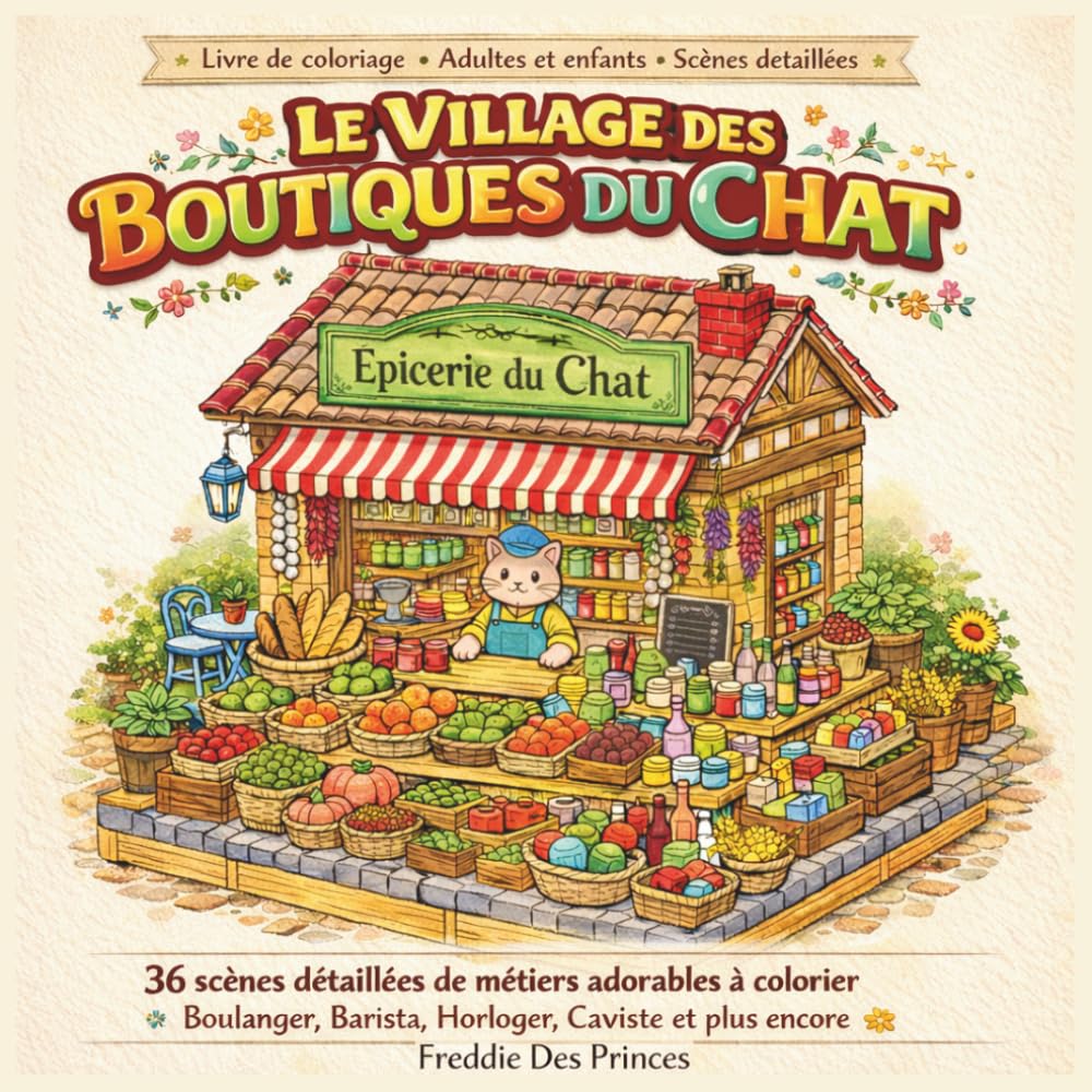 Le Village des Boutiques du Chat : Livre de coloriage cosy avec 36 scènes détaillées de métiers adorables à colorier: Coloriage relaxant pour adultes ... de charme (Collection Village des Animaux)