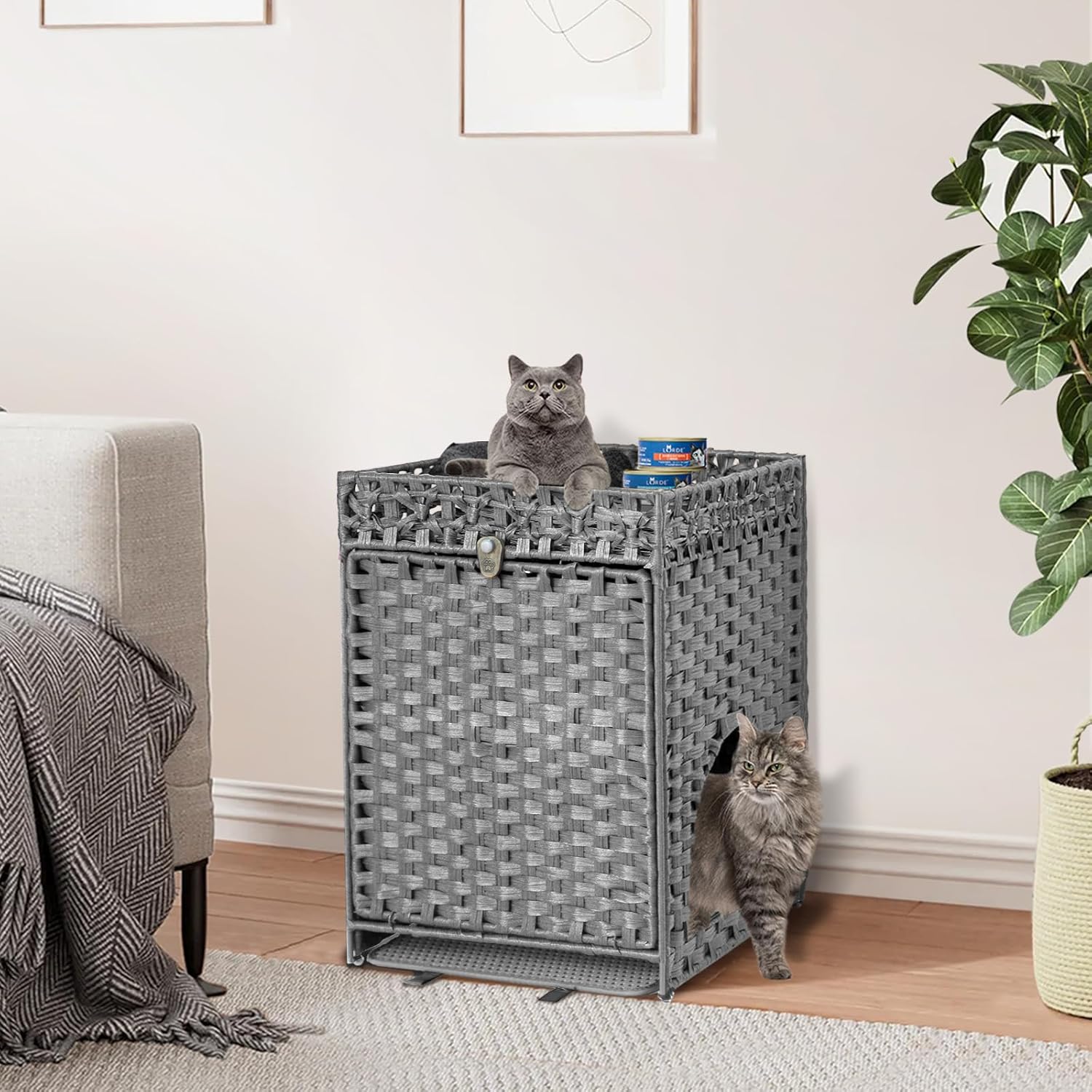 KOUSEI Handwoven Rattan Cat Litter Box Enclosure Furniture - Hidden Indoor Pet House with Door & Mat, Discreet Washroom Cabinet for Living Room and Bedroom, Grey