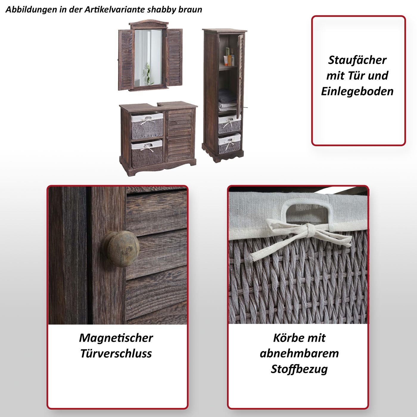 Mendler Badezimmerset HWC-H20AM, Badmöbel-Set Hochschrank Waschbeckenunterschrank Wandspiegel - Shabby braun