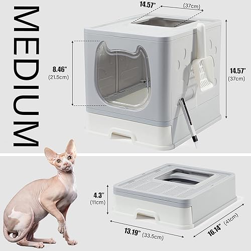 Miniatura 10 de Vealind Caja de arena cubierta con tapa, caja de arena pequeña para gatitos de entrada baja con cuchara y cepillo, caja de arena de entrada superior