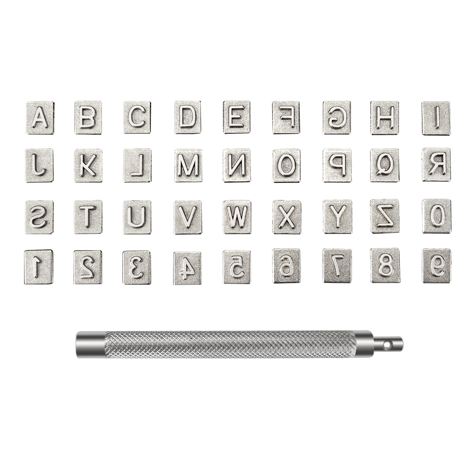 36PCS Leather Stamping Tools - Zinc Alloy Leather Embossing Kit with 26 Alphabets, 9 Numbers and 3.74in Non-slip Handle, 6.5mm Characters Stamps for Crafting Personalized Wallets, Belts and Shoes