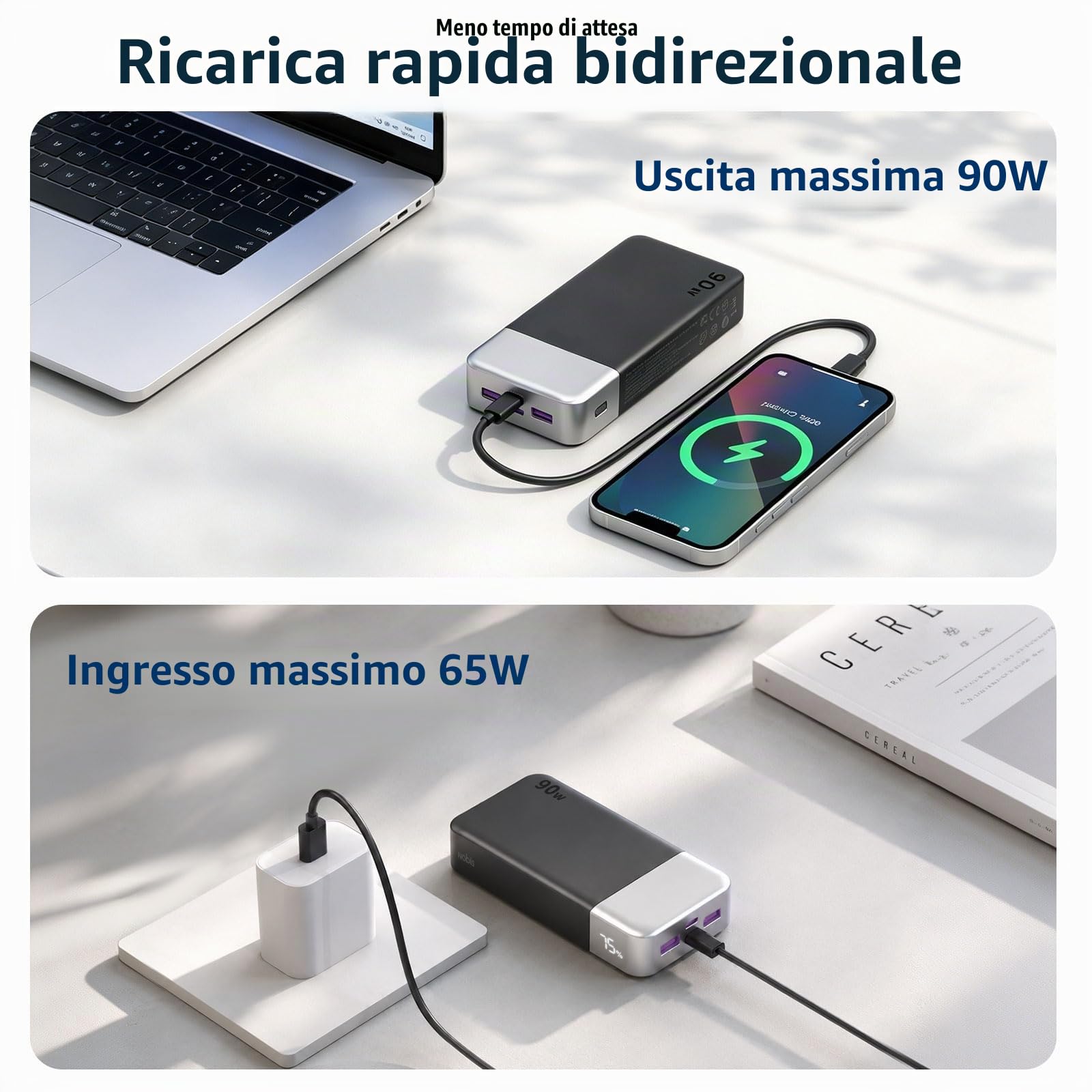 NOBIS Power Bank 90W 20000mAh Ricarica Rapida per MacBook,Dell,Pad Phone 17 | Caricatore Portatile PD/PPS/QC, 2 USB-C (In/Out) e 2 USB-A, Display Digitale, ideale per lavoro, viaggi e campeggio