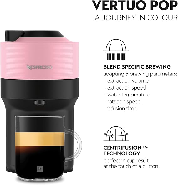 Nespresso Vertuo Pop Coffee Machine by De'Longhi, Over 40 Varieties of Pods, 6 Coffee Cup Sizes, Espresso, Cappuccino, Starter Capsule Set Included, ENV90.P, Pink