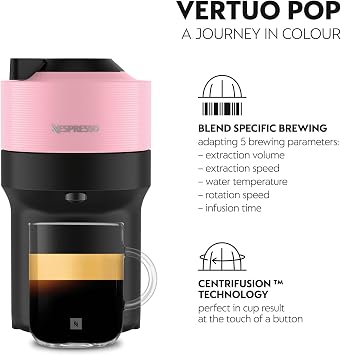 Nespresso Vertuo Pop Coffee Machine by De'Longhi, Over 40 Varieties of Pods, 6 Coffee Cup Sizes, Espresso, Cappuccino, Starter Capsule Set Included, ENV90.P, Pink