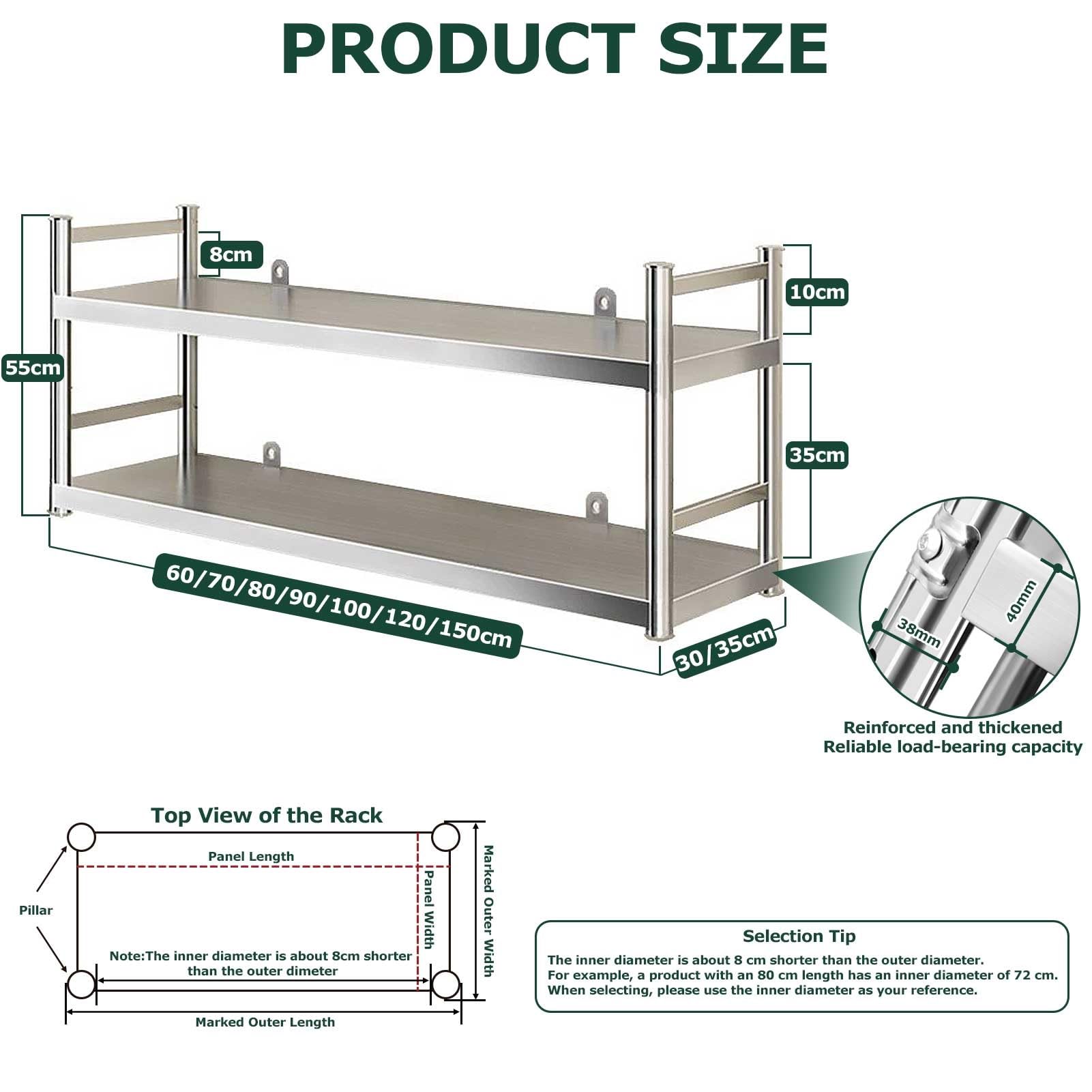 Mensola da parete in acciaio inossidabile a 2 livelli, unità di scaffalatura da parete, scaffale organizer per impieghi gravosi per ristorante, cucina, bar, ufficio(120X30X55CM)