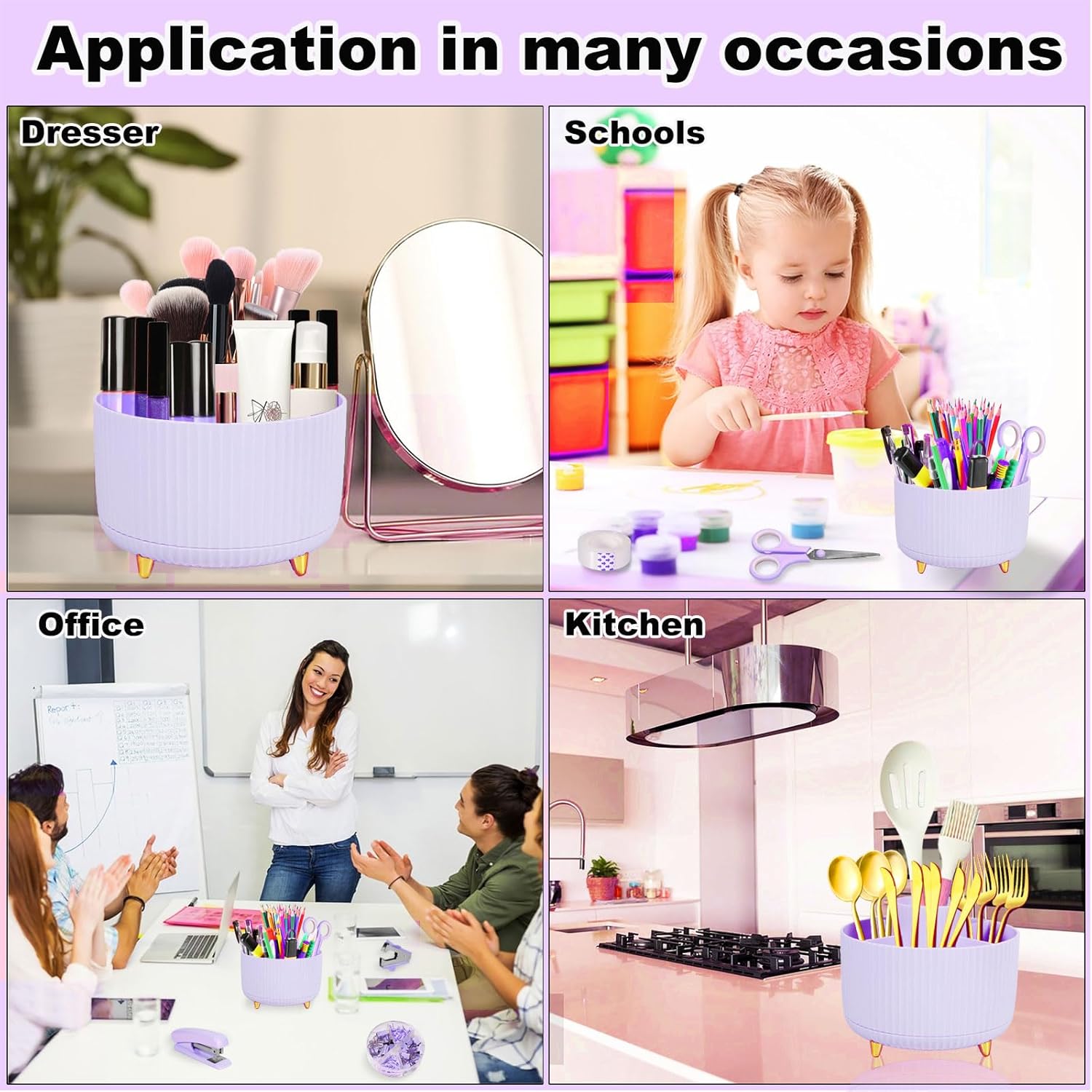 Gawsey Purple Desk Organizers and Accessories Set with 360-Degree Rotating Pen Holder, Tape Dispenser, Stapler, Staple Remover, 1000 Staples, Tape, Clips Set, Ruler, Scissor, Pen