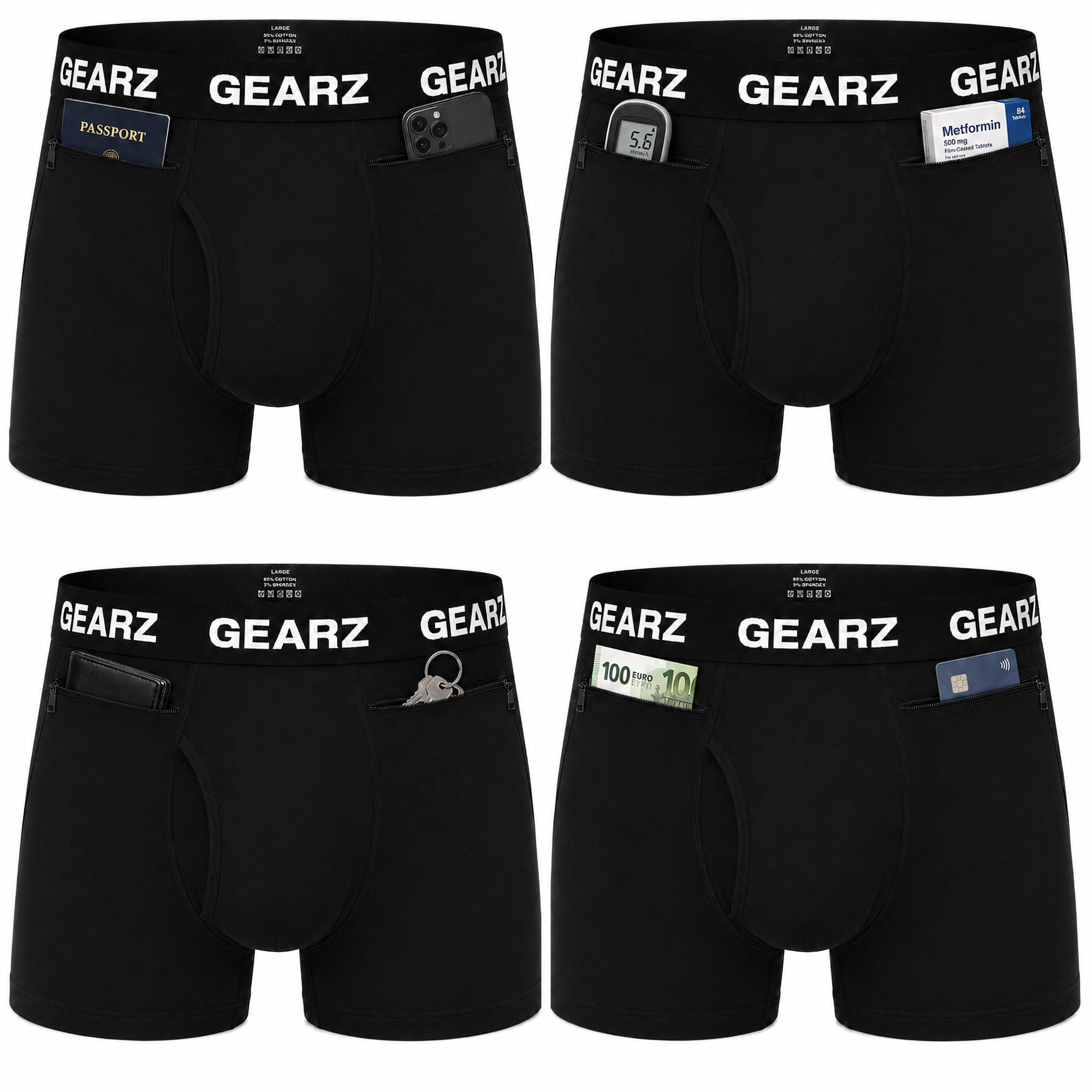 GEARZ - Pack 4 Boxer antifurto Uomo, Boxer Tasca Zip Sicurezza con Tasche nascoste, Intimo Viaggio Sport Cotone Nero Resistente