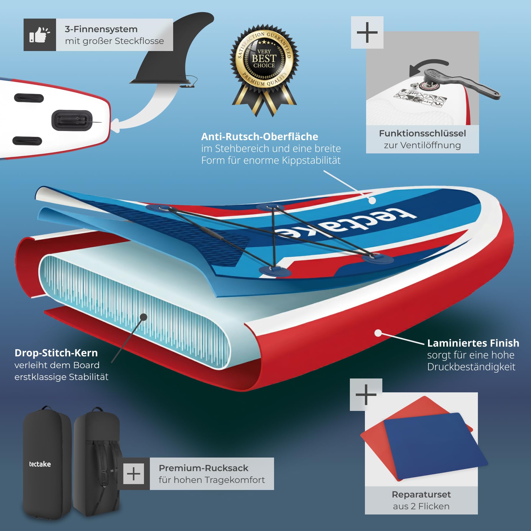 tectake® 2in1 Stand Up Paddle Board, mit Sitz als Kajak nutzbar, SUP aufblasbar, mit Pumpe, 3 Finnen, Rucksack, Doppelpaddel, Paddel, komplettes Zubehör, bis 200 kg belastbar - rot/blau