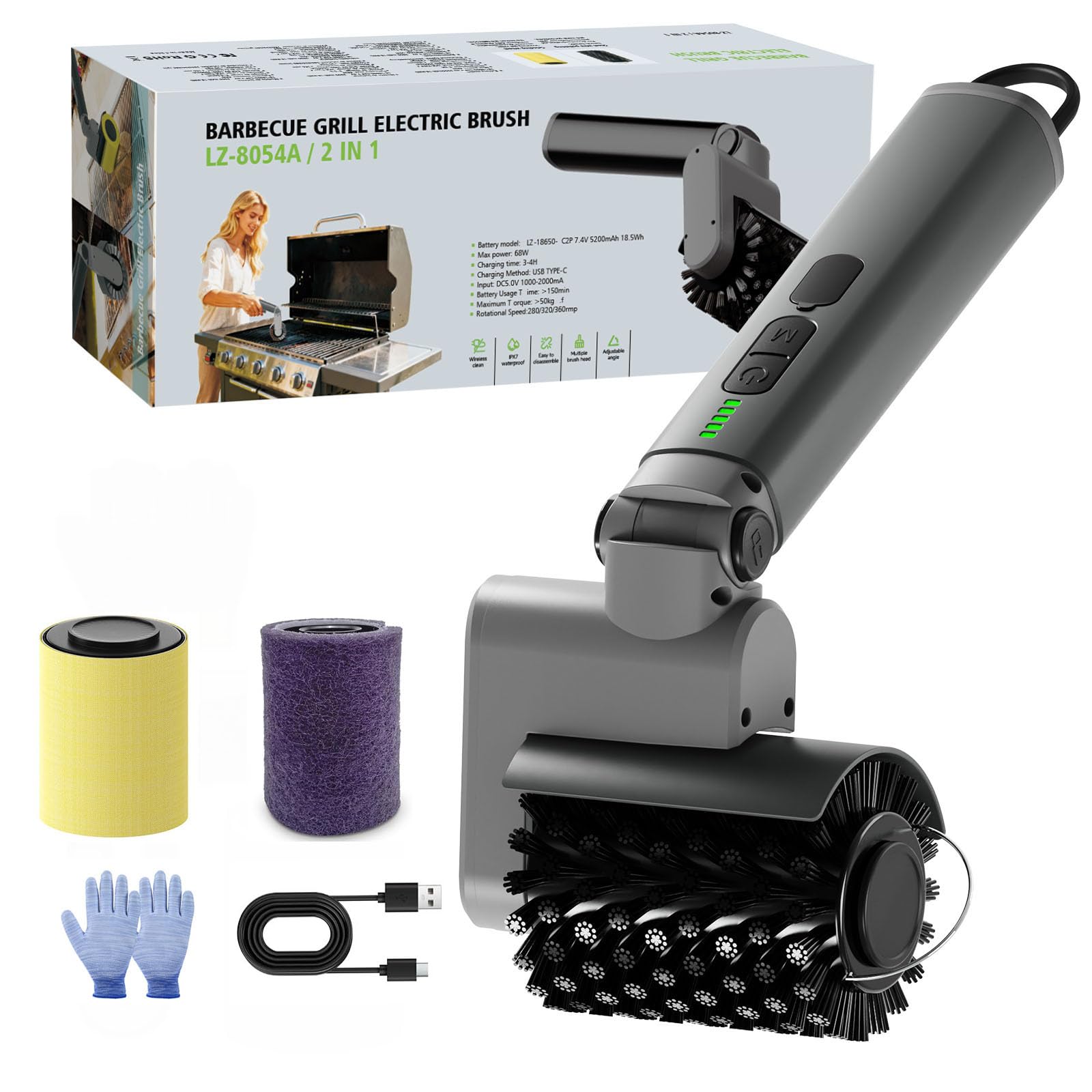 Spazzola Barbecue Elettrica, Spazzola Elettrica per Barbecue con Angolo Regolabile, 3 Velocità, 90 Minuti di Durata, Testina in Acciaio Inossidabile, Impermeabile Pulitore BBQ Senza Fili per Griglia