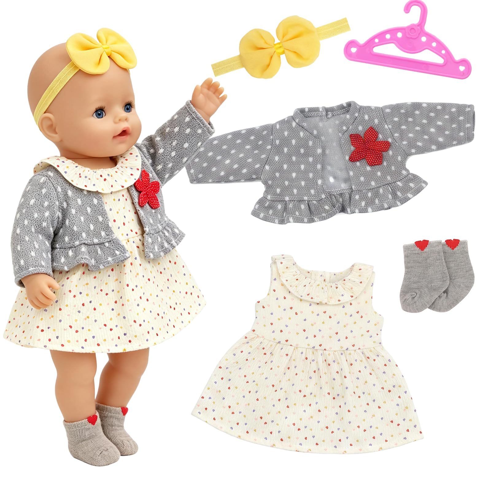 Baby Doll Clothes 35-43 cm, 5 Pcs Grey Polka Dot Doll Outfits with Coat Dress Handband Socks Hanger for 14-18 Inch Doll Clothes Girls Birthday Gift