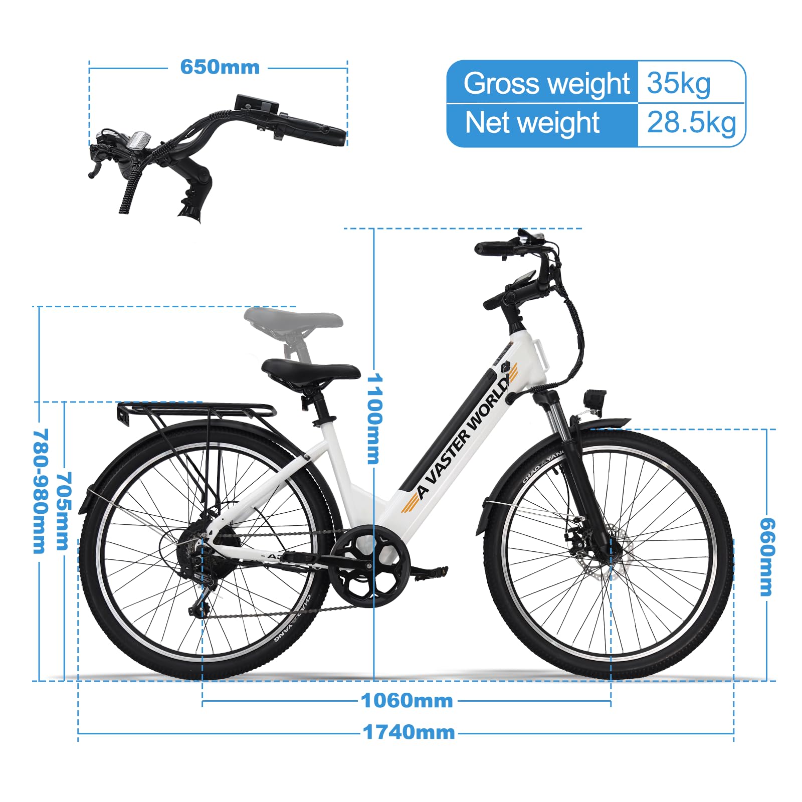 VDL Vélo électrique pour femme - 26" - Batterie 36 V 12,8 Ah - Moteur puissant - Shimano 7 vitesses - Freins à disque - LED - 26 x 1,95 - Blanc
