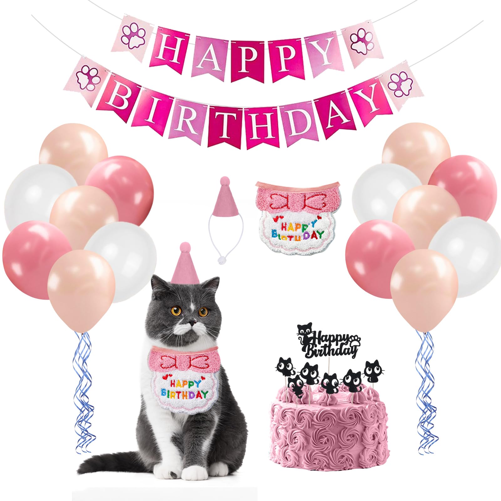 Pxvelcn Cat Birthday Hat Bandana, Cat Birthday Outfit Cute (Pink)