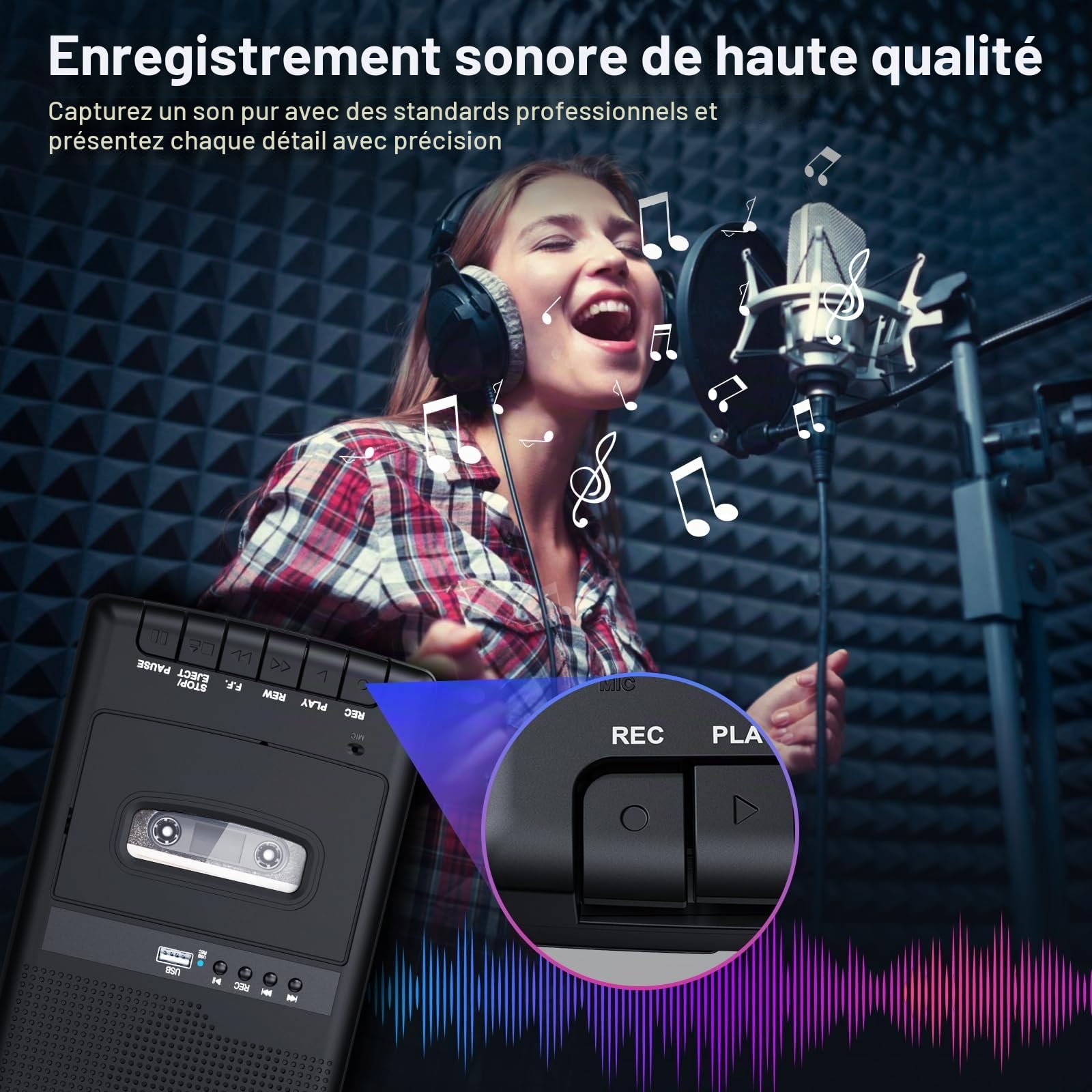 Lecteur Cassette Portable,Enregistreur de Cassettes,Convertisseur Numérique de Cassettes vers Disque Flash USB, Haut-Parleur Intégré, Poignée Rétractable