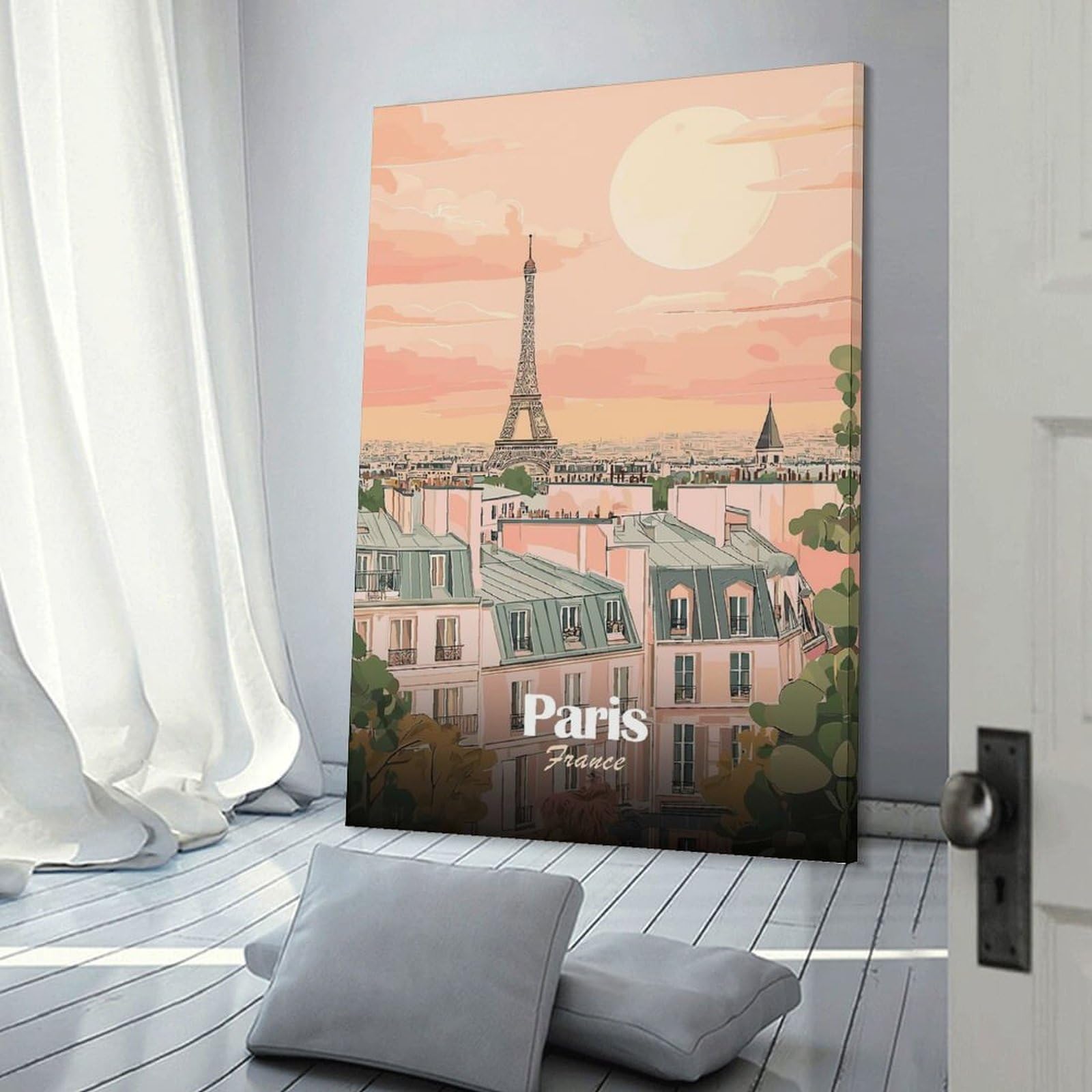 Junmoney Paris Skyline Illustration Canvas Wall Decor, 20x30inch(50x75cm), for Gallery Wall Decor And Room Displays, Wall Decor Suited to Curated Displays