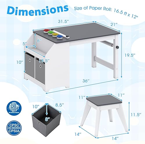 Miniatura 8 de Costzon Mesa y sillas de arte para niños, juego de escritorio de actividades de madera con rollo de papel, 4 tazas de pintura, estantes de