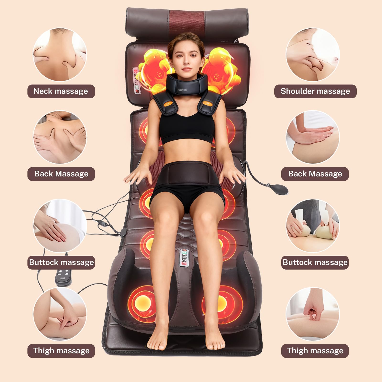 Alfombra de masaje para todo el cuerpo con función de calentamiento, alfombra de acupresión, 10 motores de vibración, 5 modos de masaje, 3 velocidades, cojín de masaje para aliviar el dolor de cuello