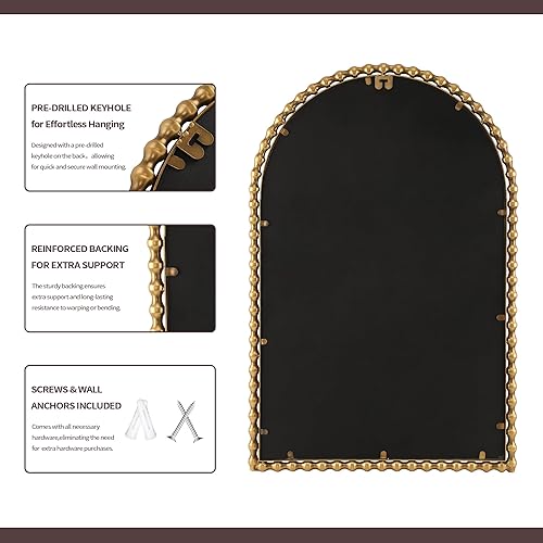 Miniatura 6 de Espejo de baño arqueado, espejo vintage de cuentas doradas con patrón atrevido, espejo de acento dorado antiguo de 24 x 36 pulgadas, grandes espejos