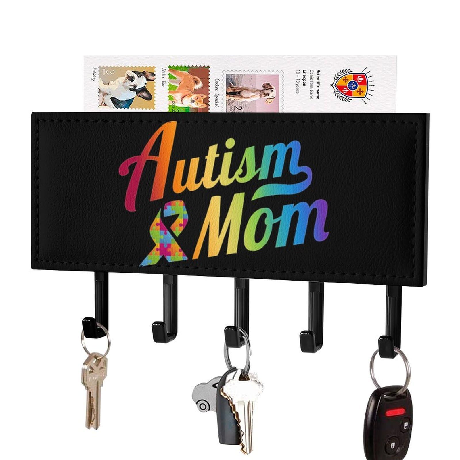 NCLQVJXZKHW Autism Ribbon Mom Key Holder with 5 Hooks Key Hooks Wall Mounted Key Racks Key Hanger Organiser Shelf