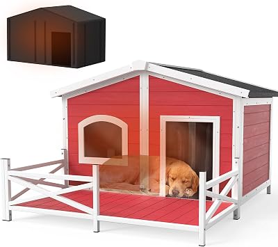 Large Dog House with Porch, Outdoor Dog House Keep Safe in All Weather, Large Porch and All-Around Iron Frame Design Dog Home for Small Medium Large Breed Dogs