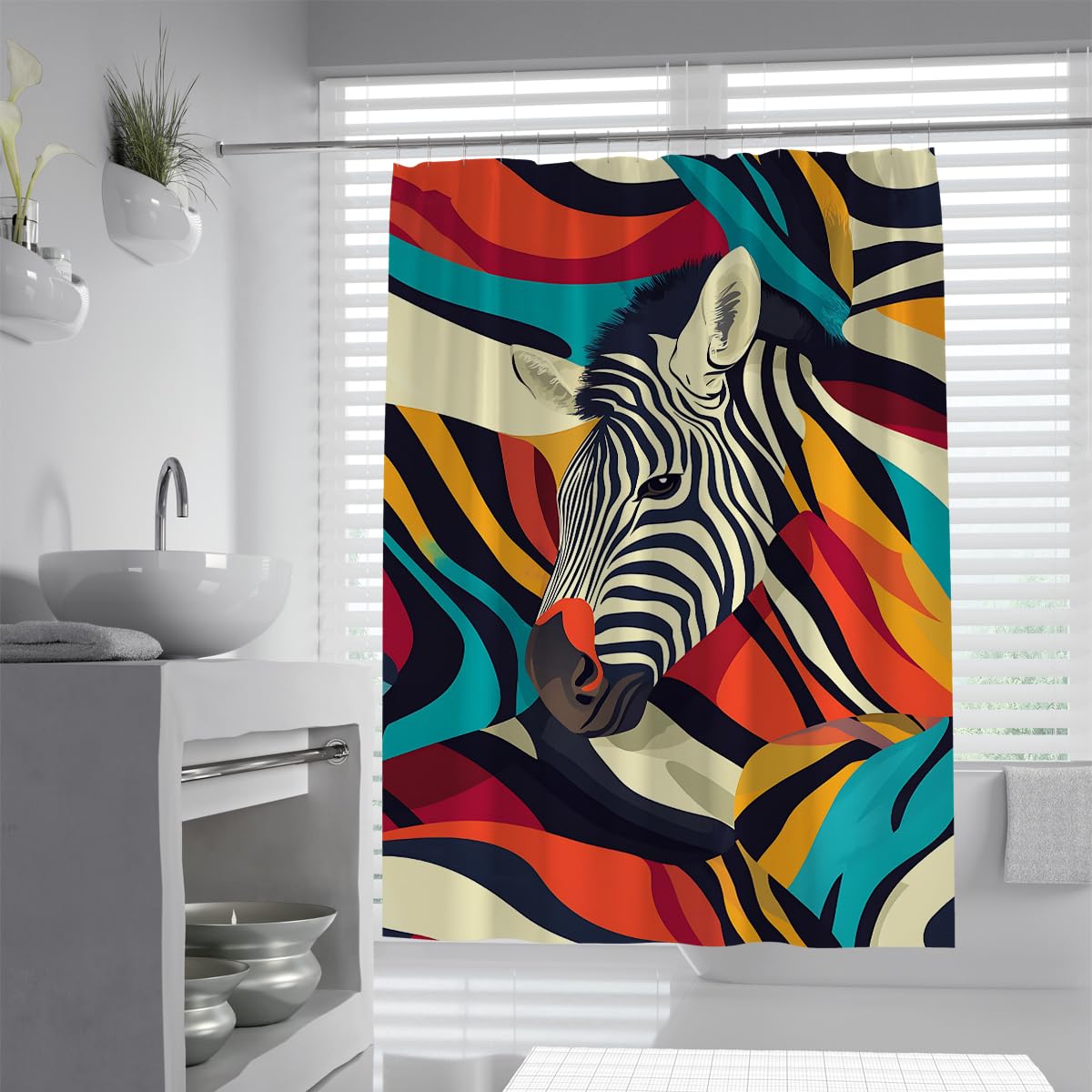 UIRINGART Zebra Shower Curtain W100xL180cm Waterproof Mildew Resistant Colorful Abstract Waves African Wildlife Fabric Bathroom Screen Rustproof Grommets Tub Liners