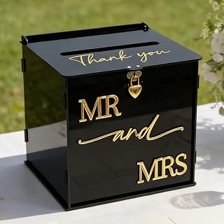 Black Acrylic Card Box with Lock, DIY Wedding Card Boxes for Reception with Mr and Mrs 3D Pop Out Text, Envelope Money Gift Cards Box for Party Wedding Graduation Bridal Shower Table Decor