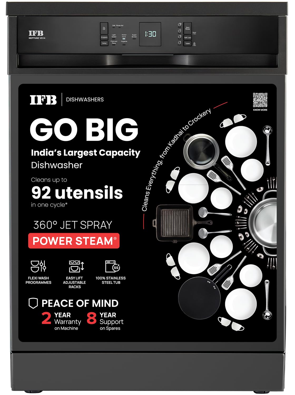 IFB 14 Place Settings with DeepClean® Technology Freestanding Dishwasher (Neptune VX14, Inox Grey, 70° Hot Water Wash with Hygienic Steam Drying, Perfect for Indian Utensils)