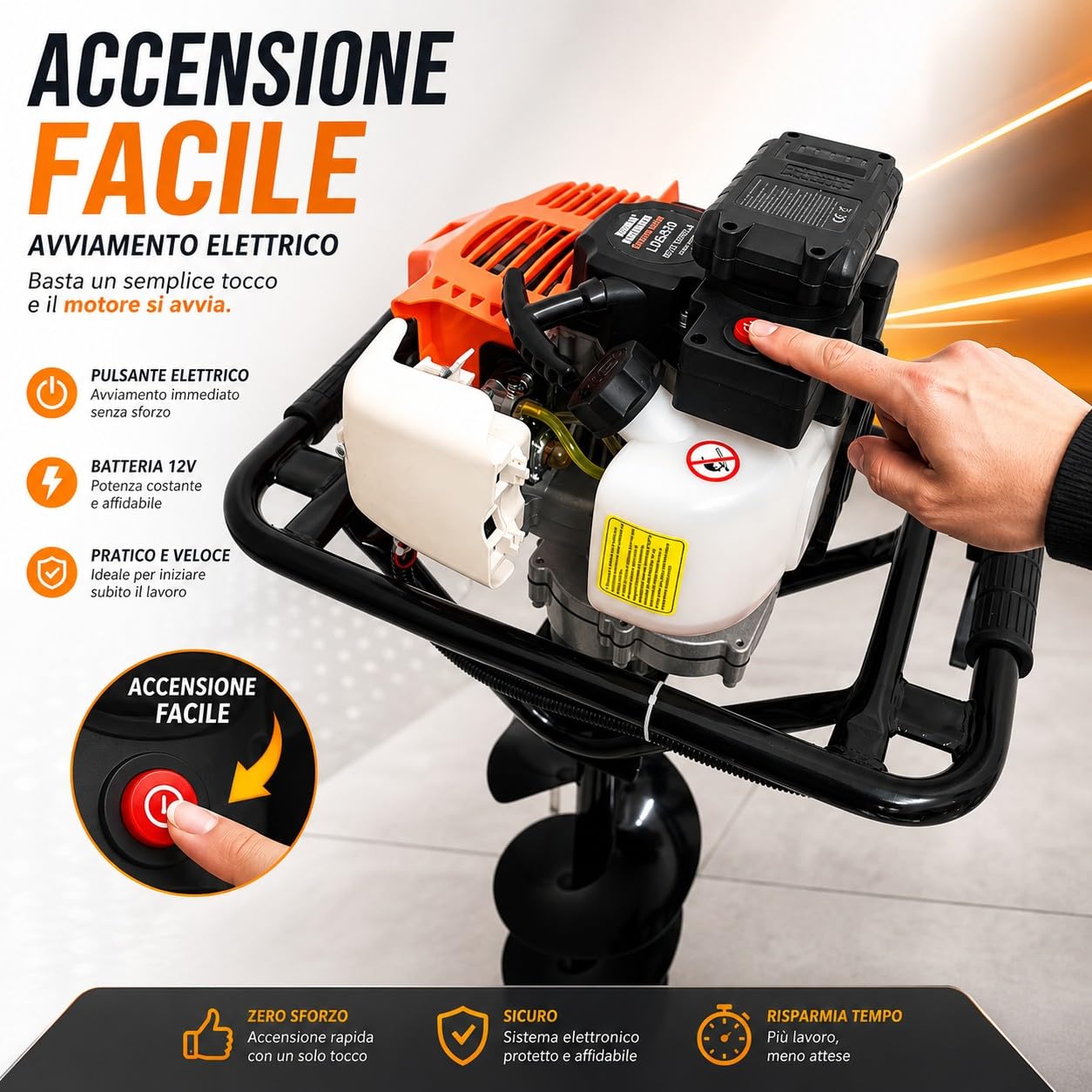Mototrivella a Scoppio 52cc 1.45kW 7500RPM Avviamento Facile Elettrico + Manuale con 3 Punte intercambiabili da Ø 100, 150, 200 mm Trivella da Giardino e campi, Utilizzo Professionale e Fai da