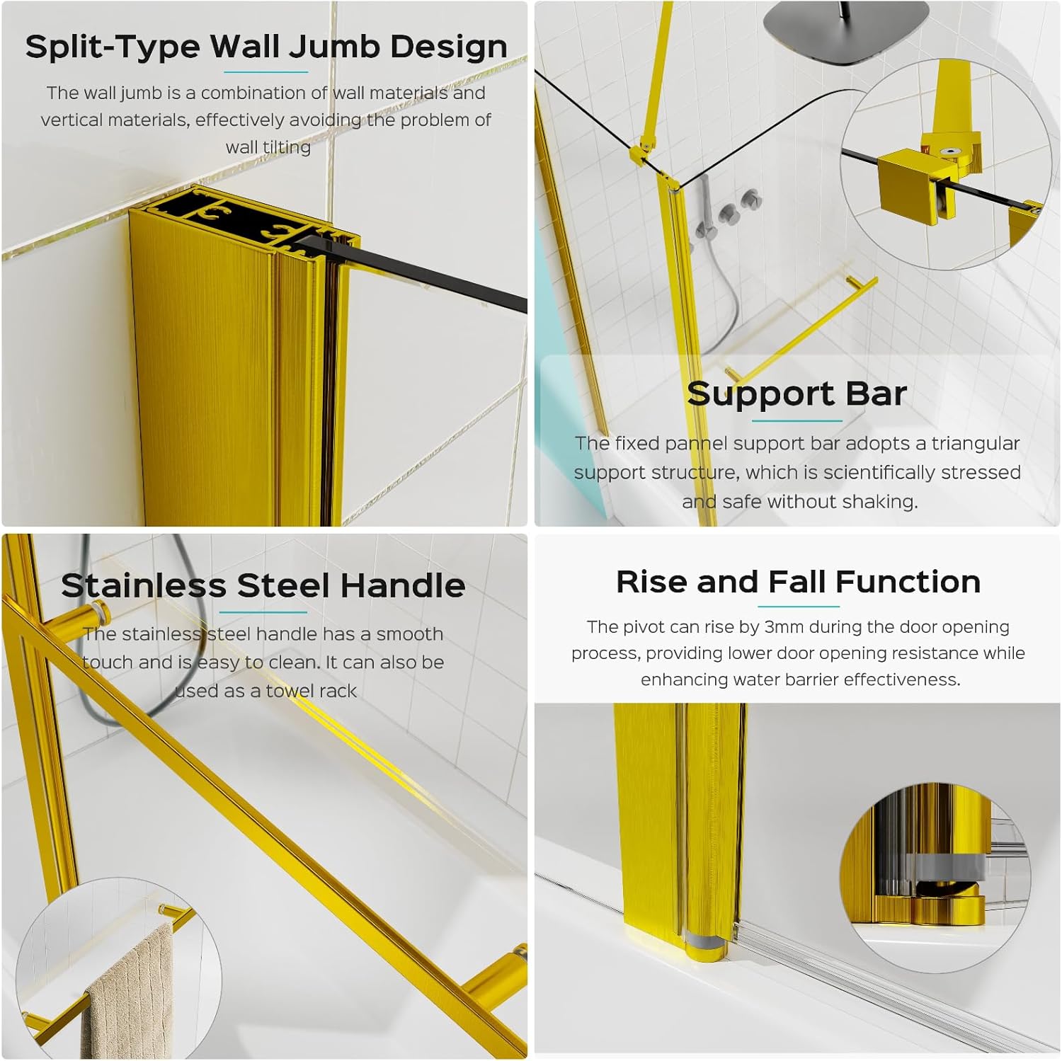 Frameless Shower Door for Bathtub, 43" W x 58" H Pivot Bifold Tub Shower Doors with 1/4" (6mm) Easy-to-Clean Clear Tempered Glass and Aluminum Frame, Reversible and Easy Installation, Gold