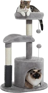 PETEPELA Small Cat Tree 83cm Modern Scratching Post for Small to Medium Size Cats Cat Tree with Plush Cave Bobble Ball Sisal Rope Scratching Post Grey
