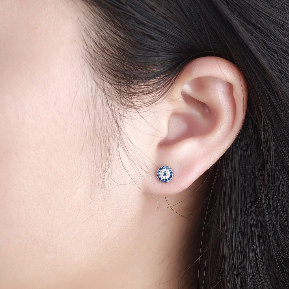 Round Blue Evil Eye Stud Earrings Sterling Silver 925 Eardrop Cubic Zirconia Gemstone Charms 6x6mm - Image 5