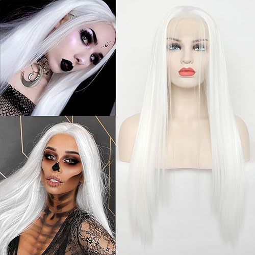 Luwigs Pelucas de encaje frontal sintético color blanco platino, largas, sedosas, lacias, resistentes al calor, para fiestas, cosplay, uso diario,