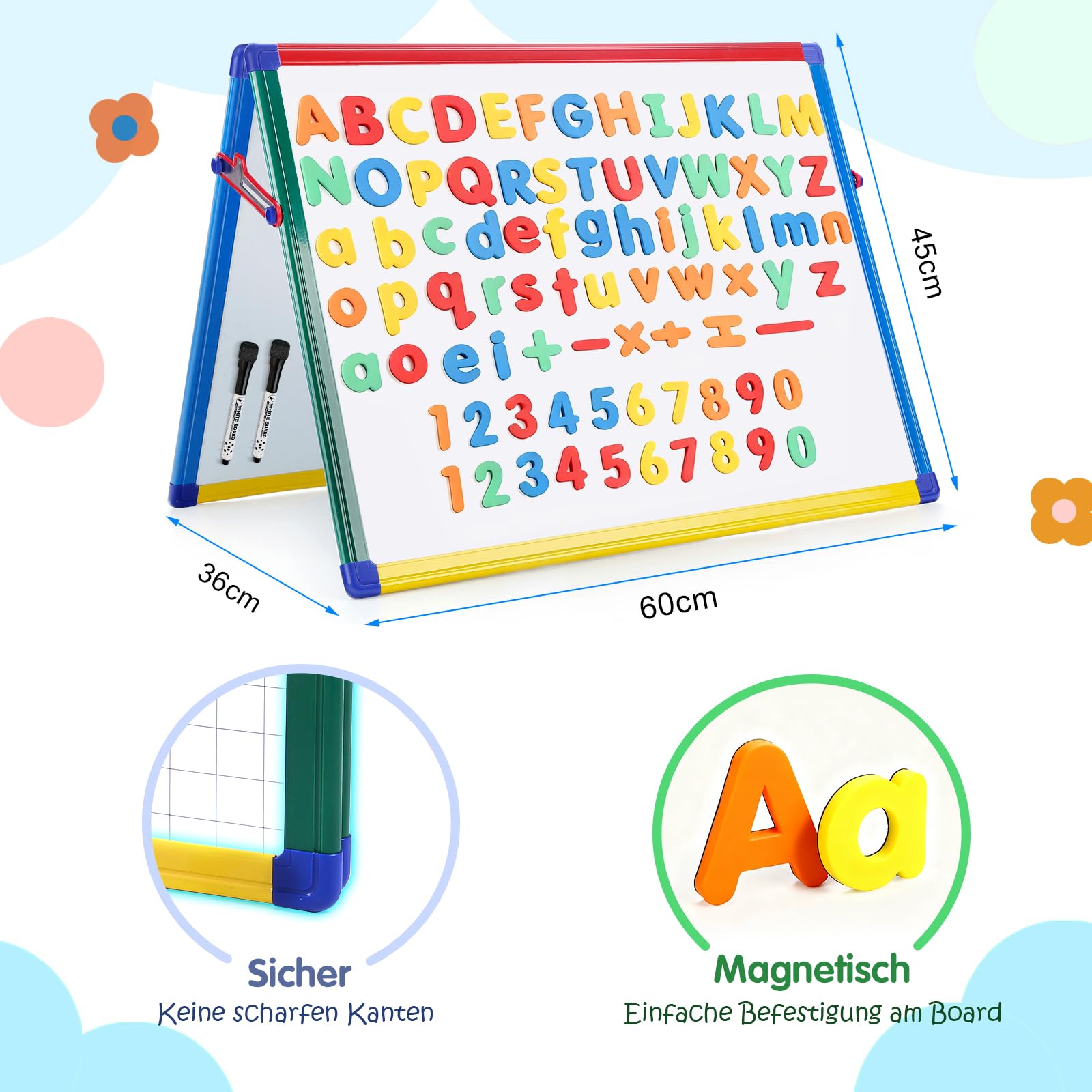 SwanSea Whiteboard Magnetisch 60x45cm, Schreibtisch Magnettafel mit Stiften, Doppelseitig, Tragbar, Zusammenklappbar, Magnet Whiteboard für Kinder, Studenten, Schulbedarf