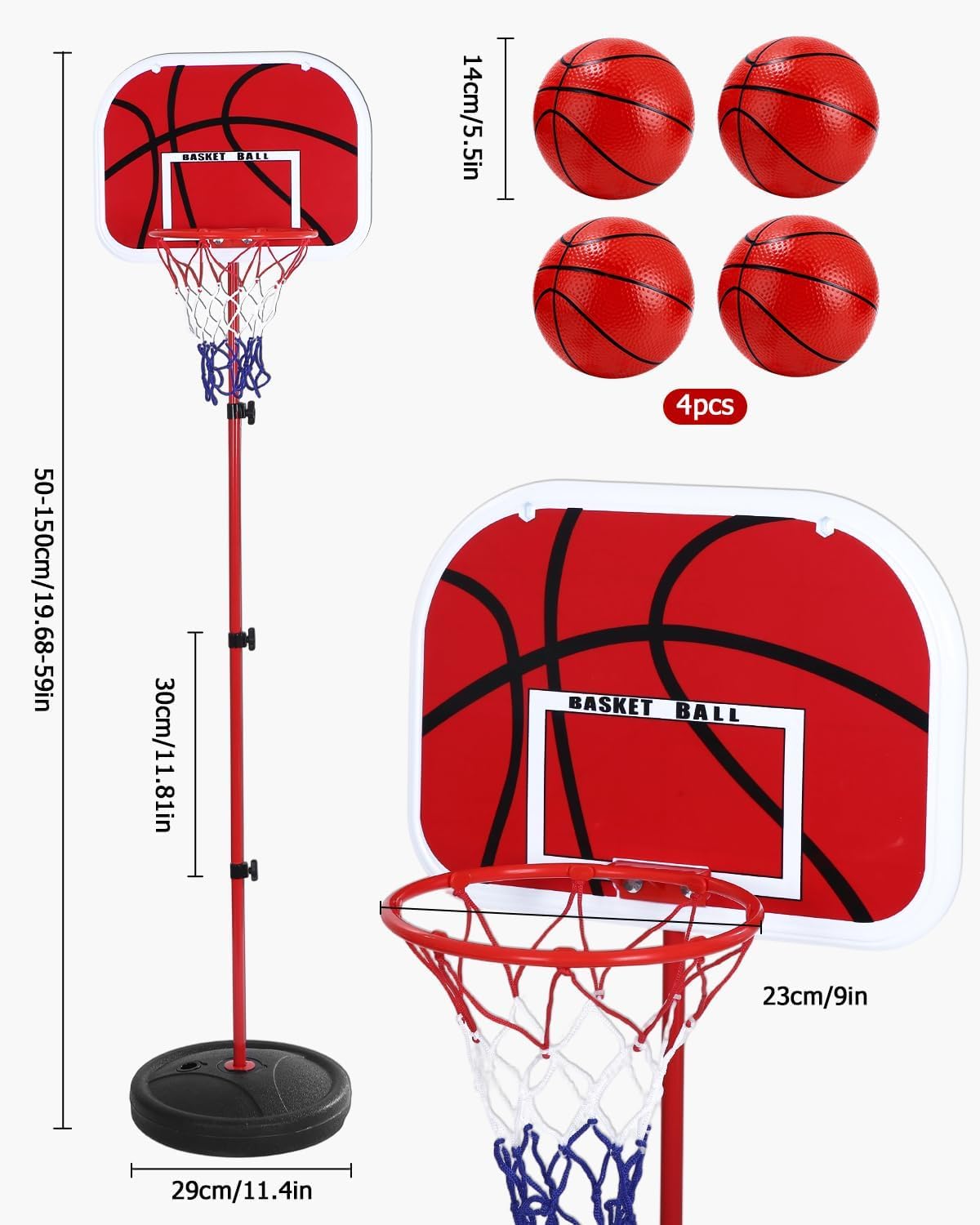 50-150cm Canasta Baloncesto Infantil, Mini Canasta Baloncesto Habitacion con 4 Pelotas De Daloncesto y Bomba, Ajustable Aro De para Interior y Exterior,Mini Juguetes Deportivos