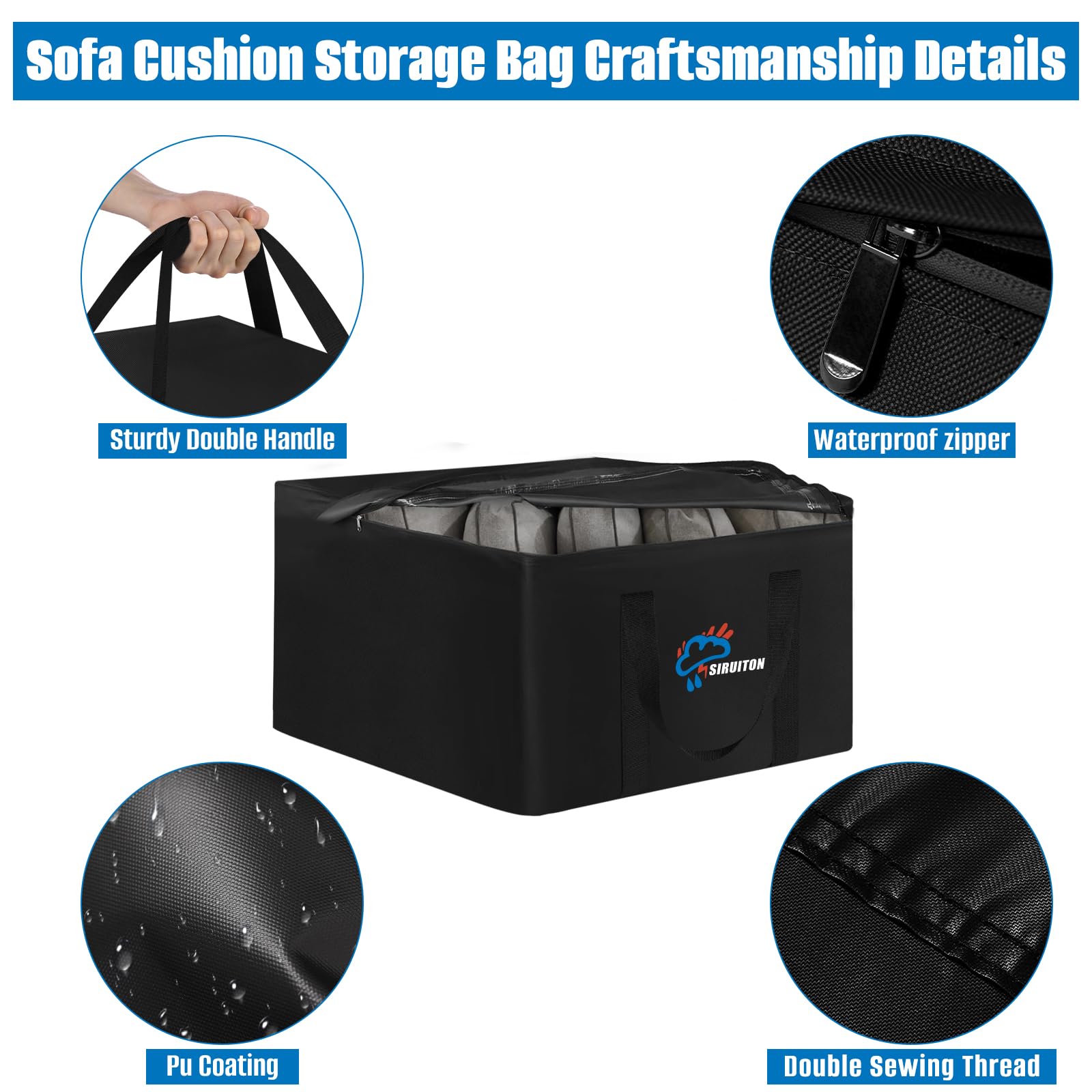 SIRUITON Sacca per cuscini da giardino 81x81x61cm Tessuto Oxford 600D impermeabile Anti-UV con maniglia e cerniera
