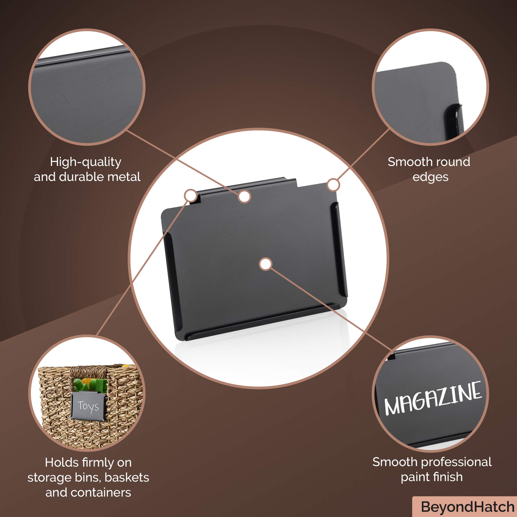 Basket Bin Labels Clip On 10 Black Label Holders with 10 Reusable Clear Label Cards and 2 Mini