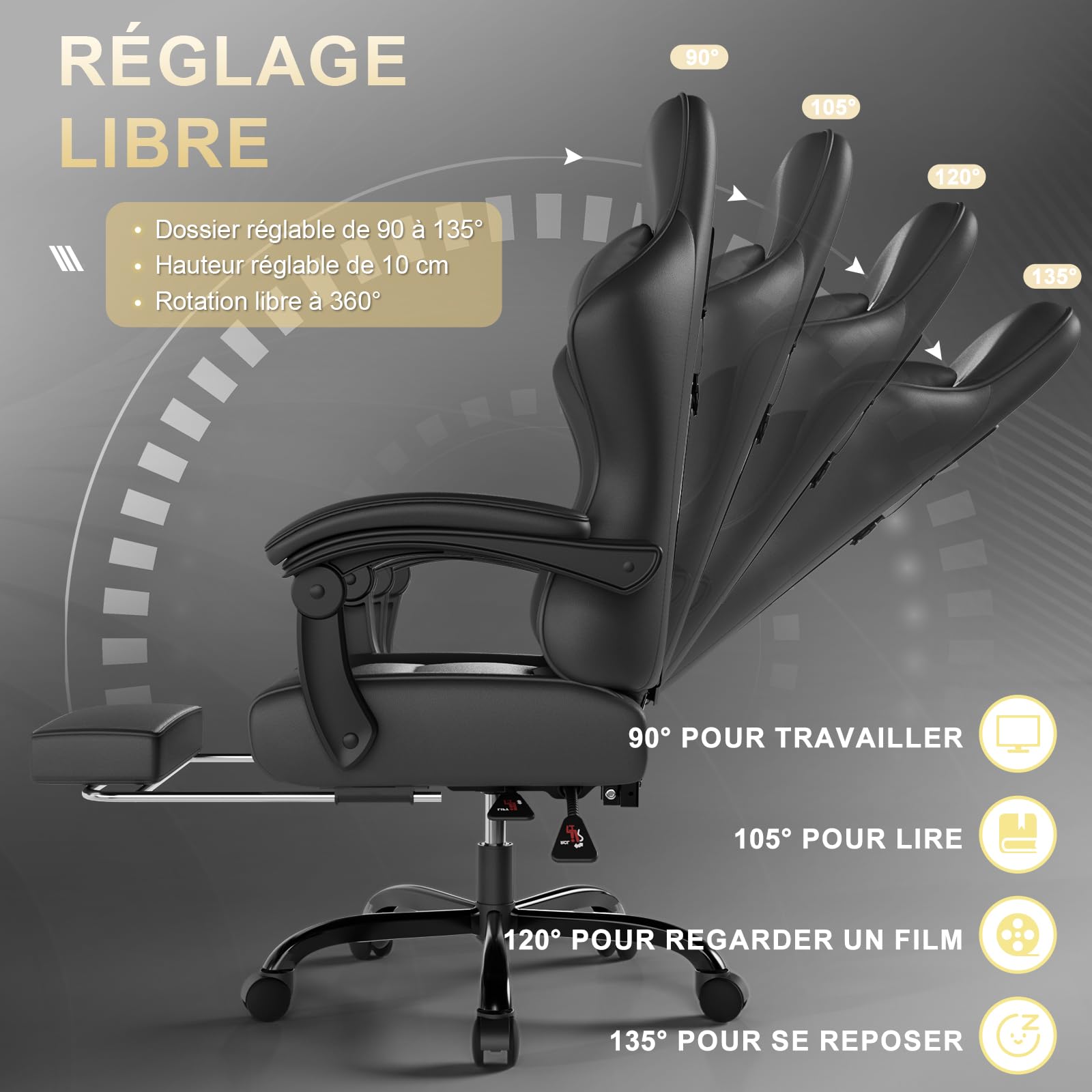 TRIUMPHKEY Chaise de Jeu Ergonomique avec Massage Lombaire, Fauteuil Gaming, Repose-Pieds Rétractable, Dossier Réglable, Confort Quotidien, Gaming et Bureau, Noir