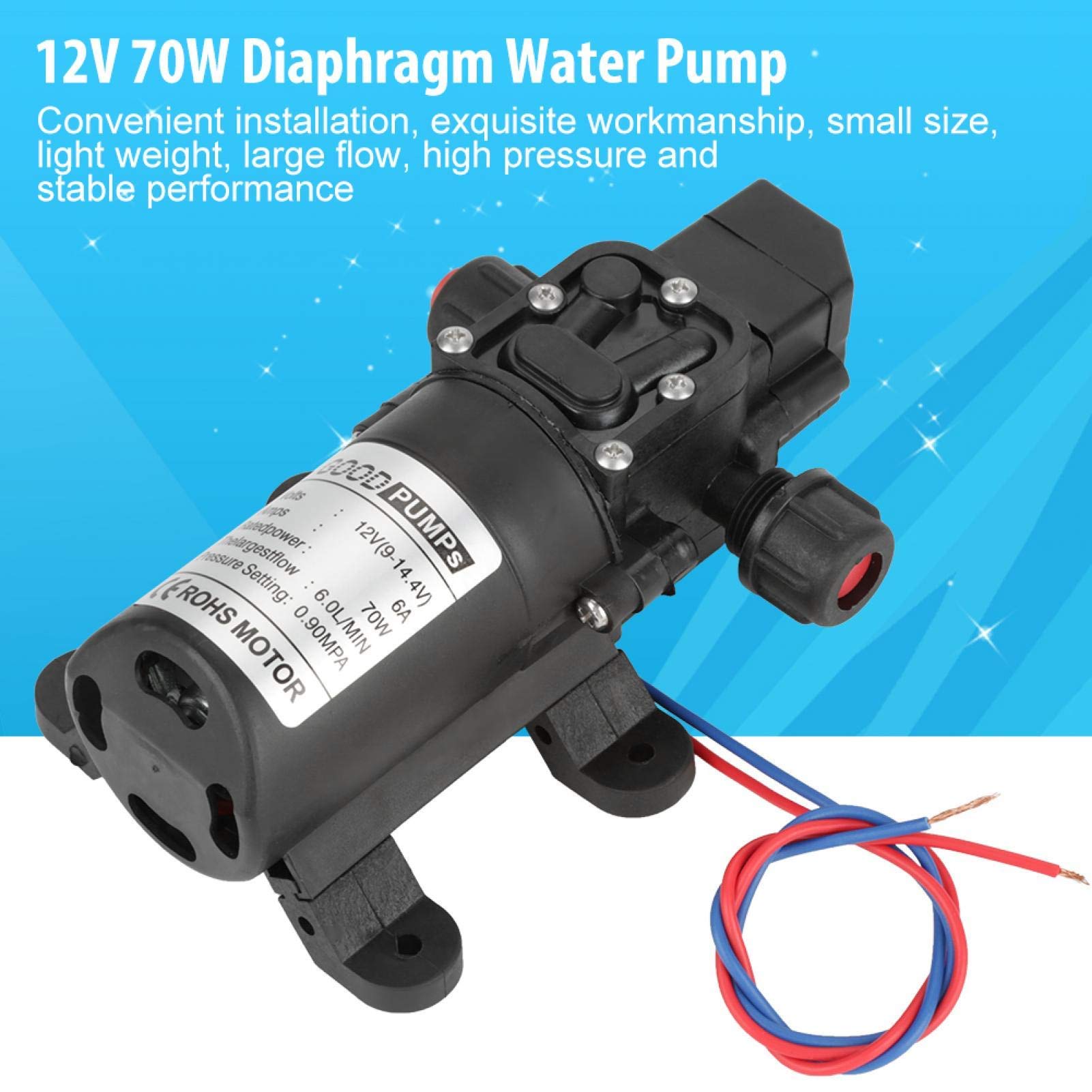 70W Bomba de Diafragma de DC12V, Bombas de Agua de Diafragma de Alta Presión Bomba Pulverizadora Eléctrica Autocebante para Jardín de 12V 6L/Min, para Caravanas, Autocaravanas, Embarcaciones Marinas