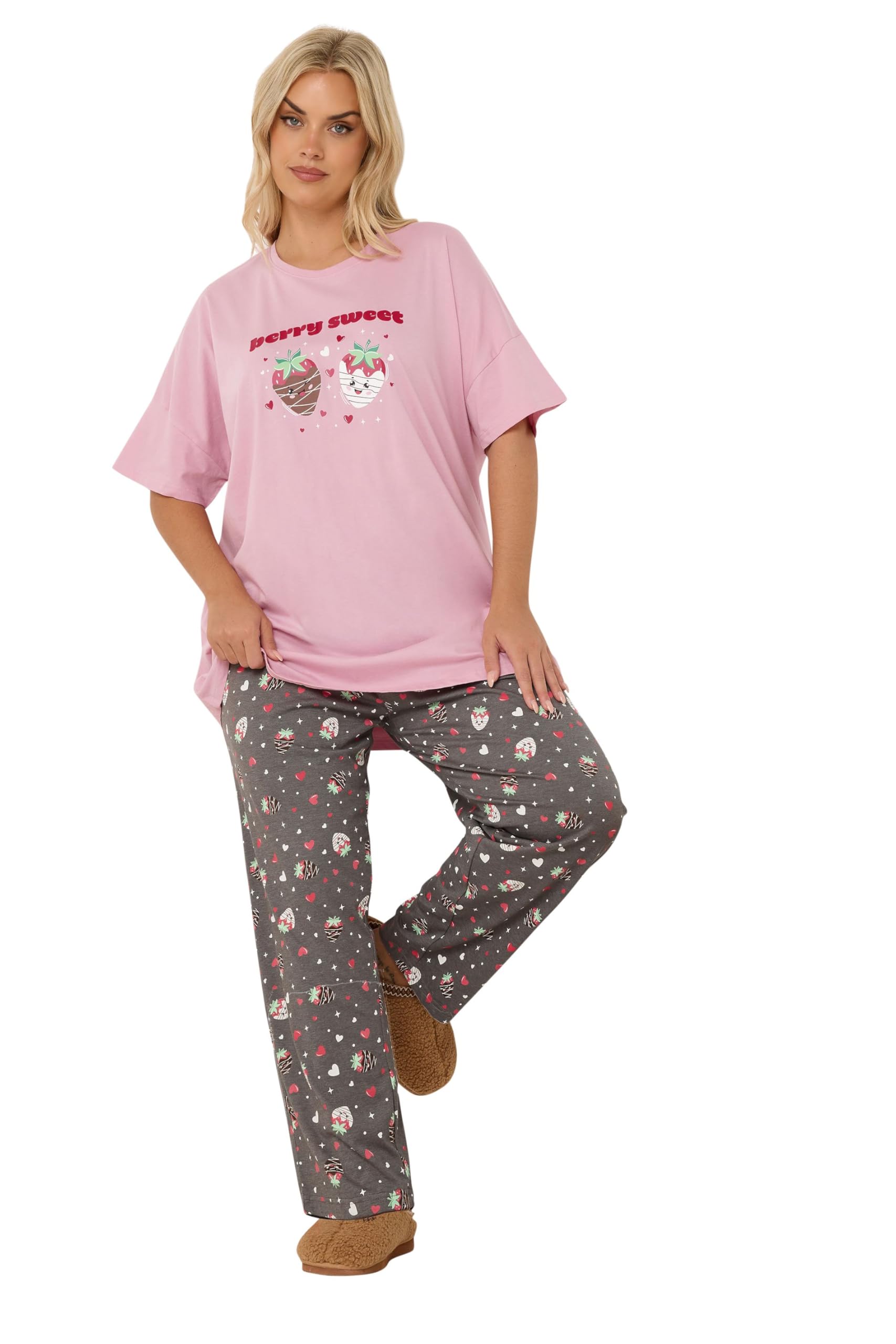 Yours Women's Multicolor 'Berry Sweet' Wide Leg Pyjama Set | Size: 14/16