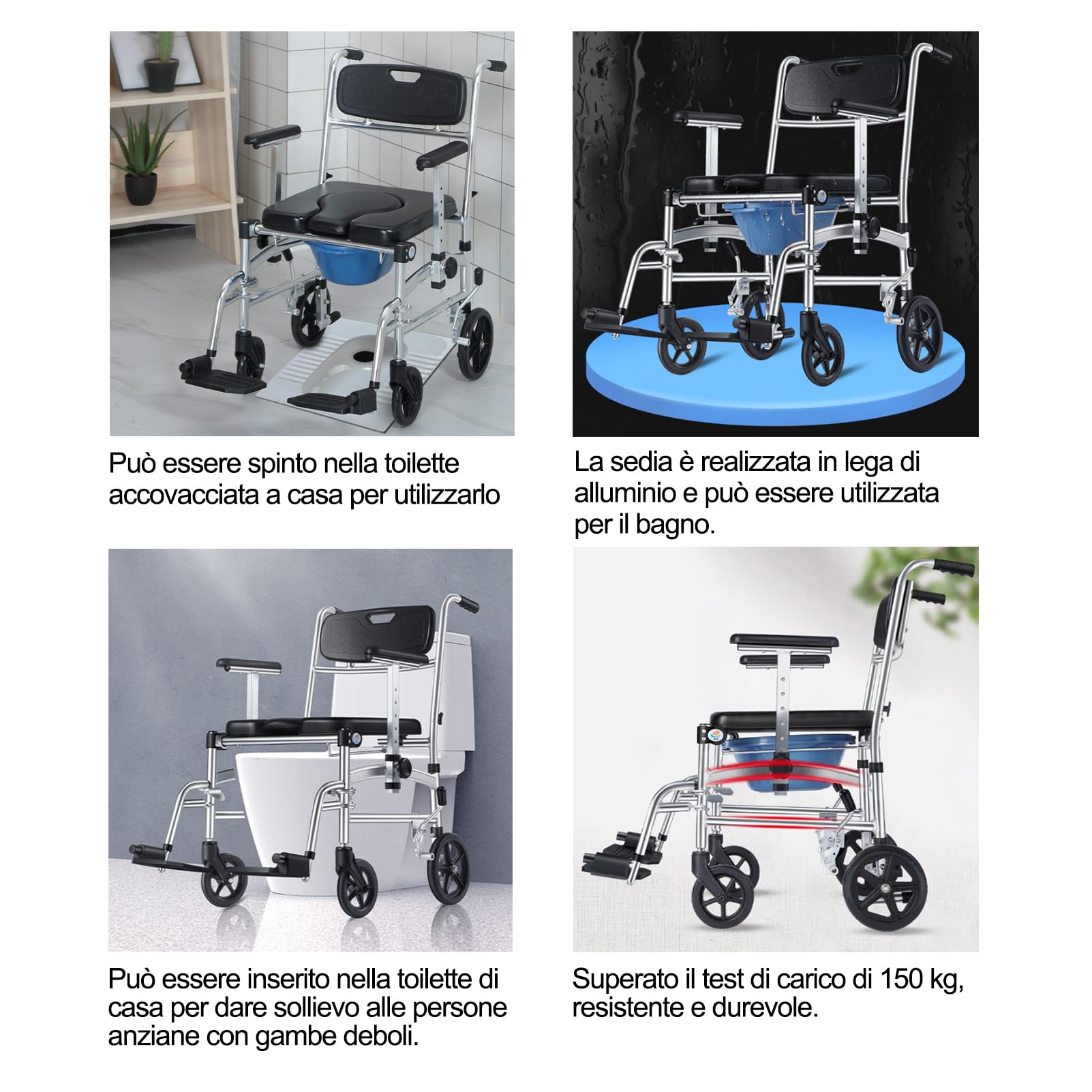 Sedia Doccia Disabili con Ruote, Sedia a Rotelle Doccia, Sedia Comoda WC per Anziani con Ruote, Sedia Wc per Disabili, Sedia Multifunzione Anziani, Comoda Wc Portatile