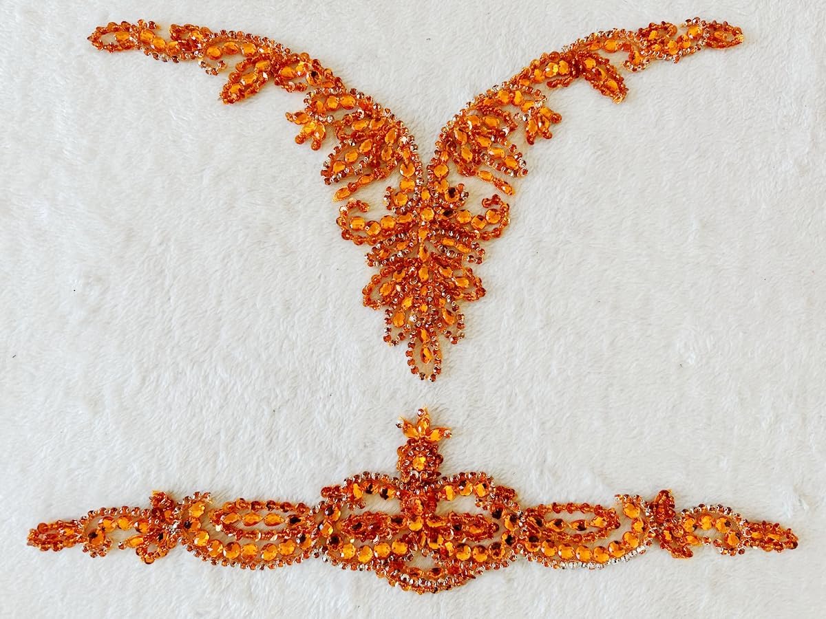 Large Size Pure handsewing Rhinestones Beads Applique for Dress Clothing Neckline and Waist Trim sew on Shining Crystal Sequins lace Patches one Set/Bag (Orange)