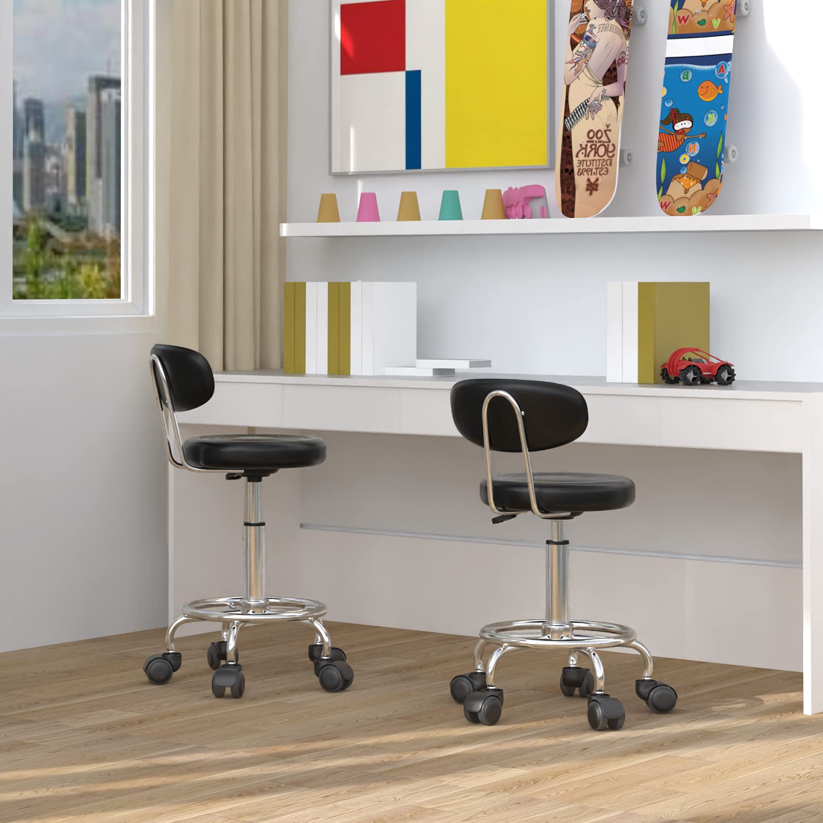 PIPIPOXER Lot de 2 Tabourets de Bureau avec Dossier, Pivotant 360°, Réglable en Hauteur 47-61,5 cm, Ergonomique, Noir