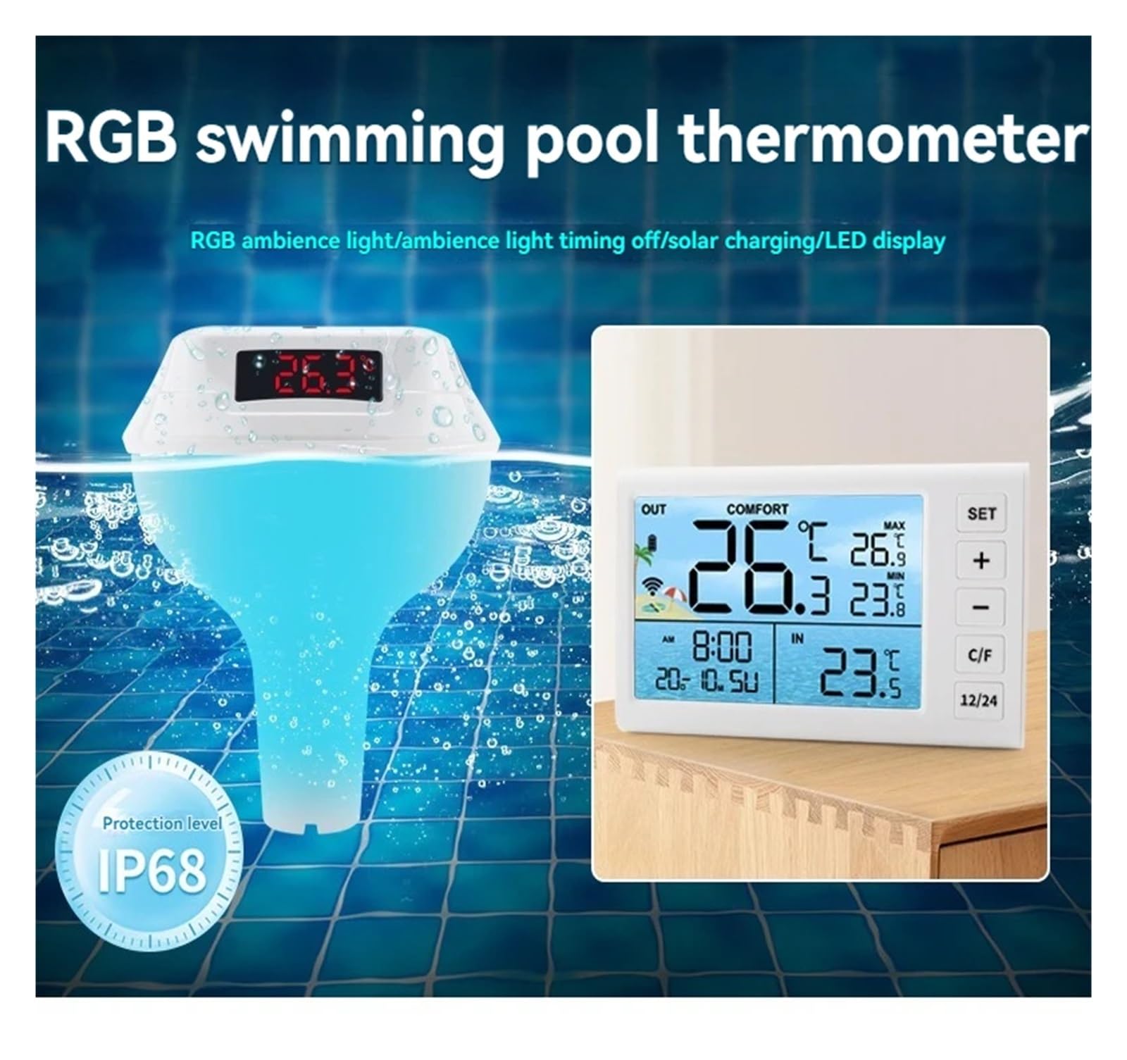 New Wireless Floating Pool Thermometer Solar Pool Thermometer LED Digital Water Thermometer RGB Ambient Light(Ocean blue)