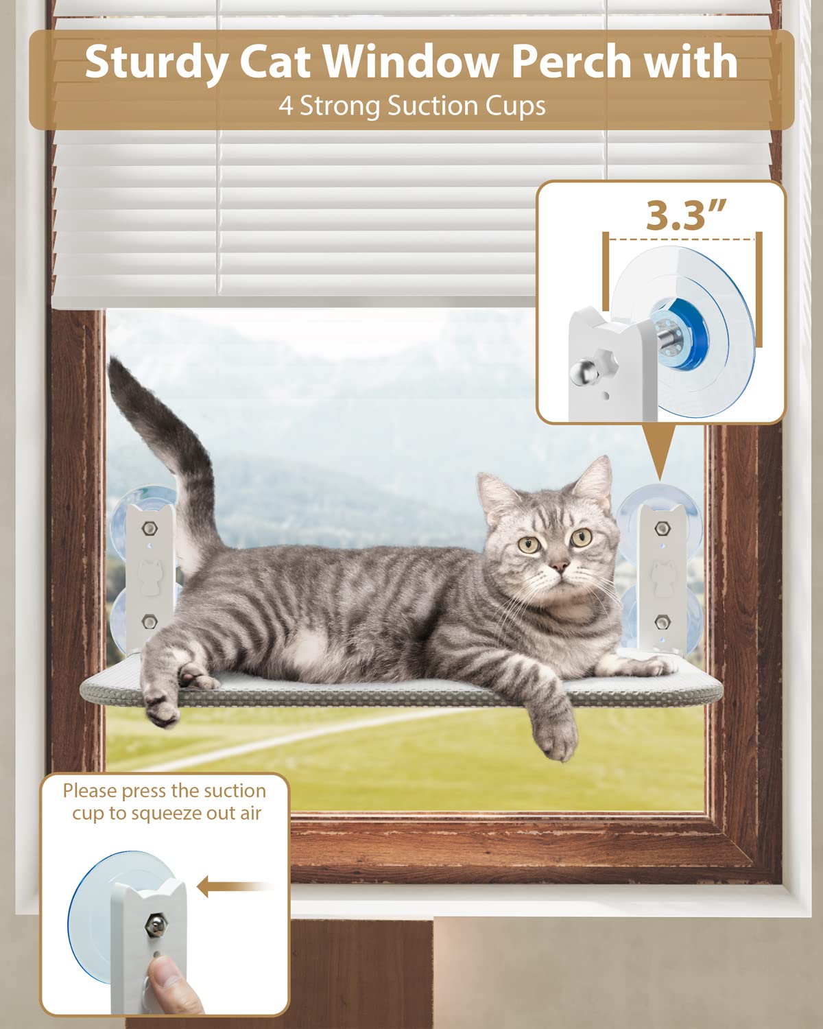 Cat Window Hammock, Airsfish 22"x14" Foldable Cordless Cat Hammock with Two Zipper Design Covers/4 Strong Suction Cups/360°View Holds Up to 40 lbs Cat Beds