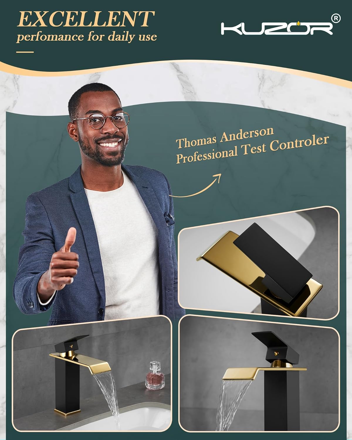 Black & Gold Waterfall Bathroom Sink Faucet – Single Hole 304 Stainless Steel Faucet with Metal Pop-Up Drain, Low-Profile Design for Modern Vanities​ - Image 3